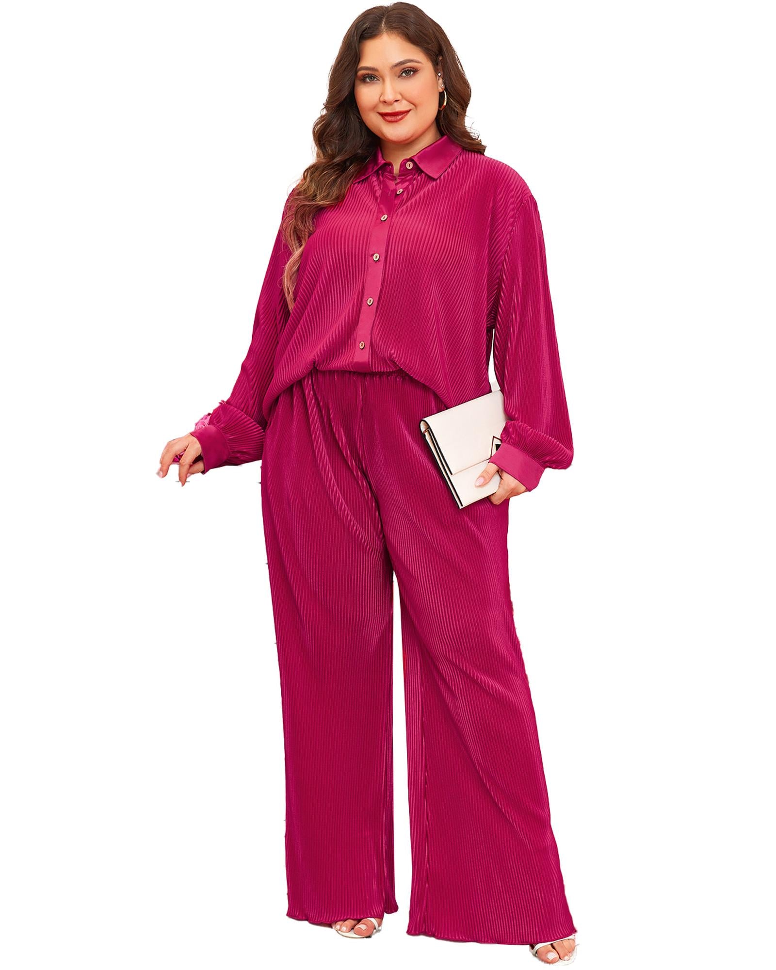 Rose Red Plus Size Ribbed Long Sleeve Shirt and Pants Pajama Set - 3X 4