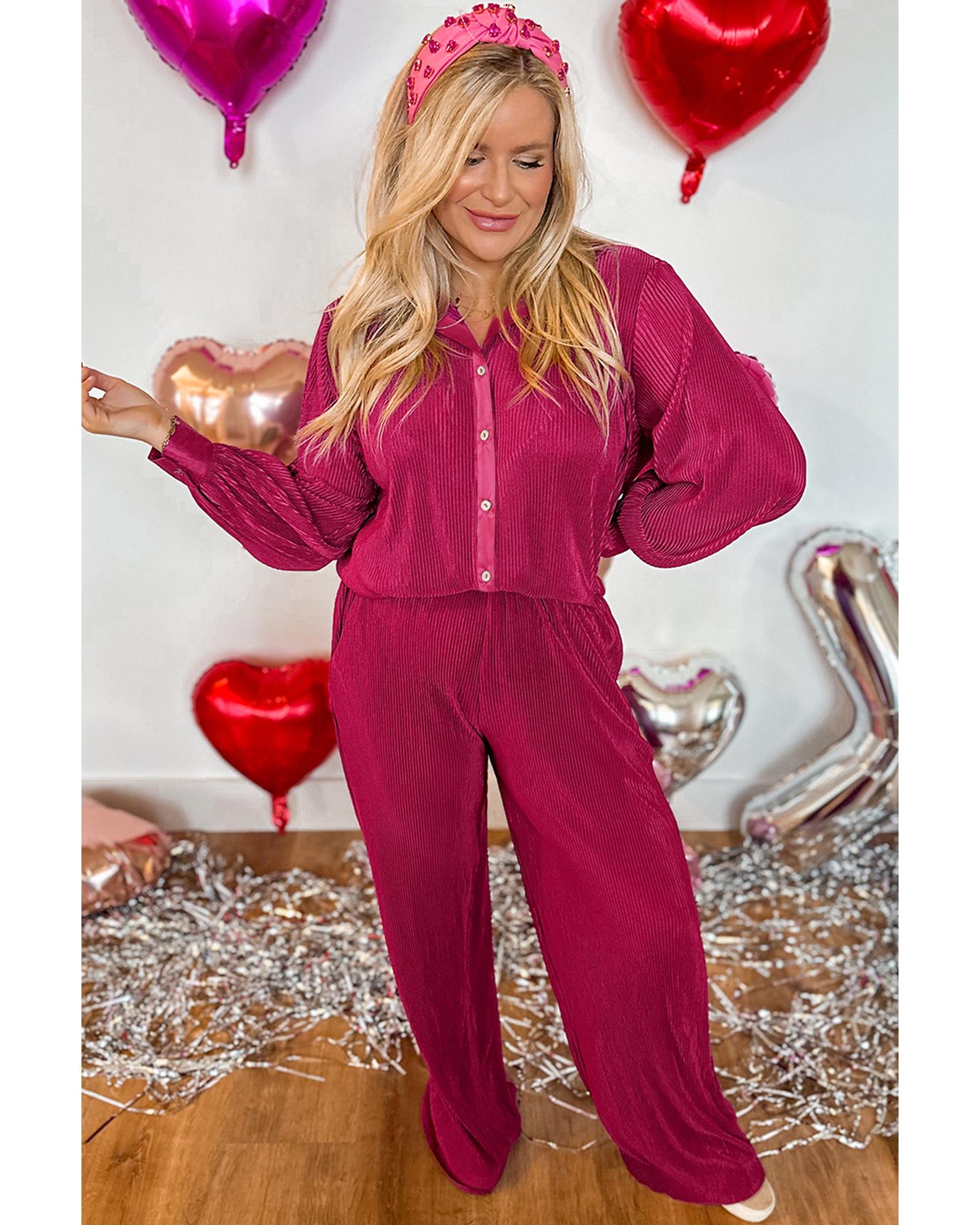 Rose Red Plus Size Ribbed Long Sleeve Shirt and Pants Pajama Set - 3X 7