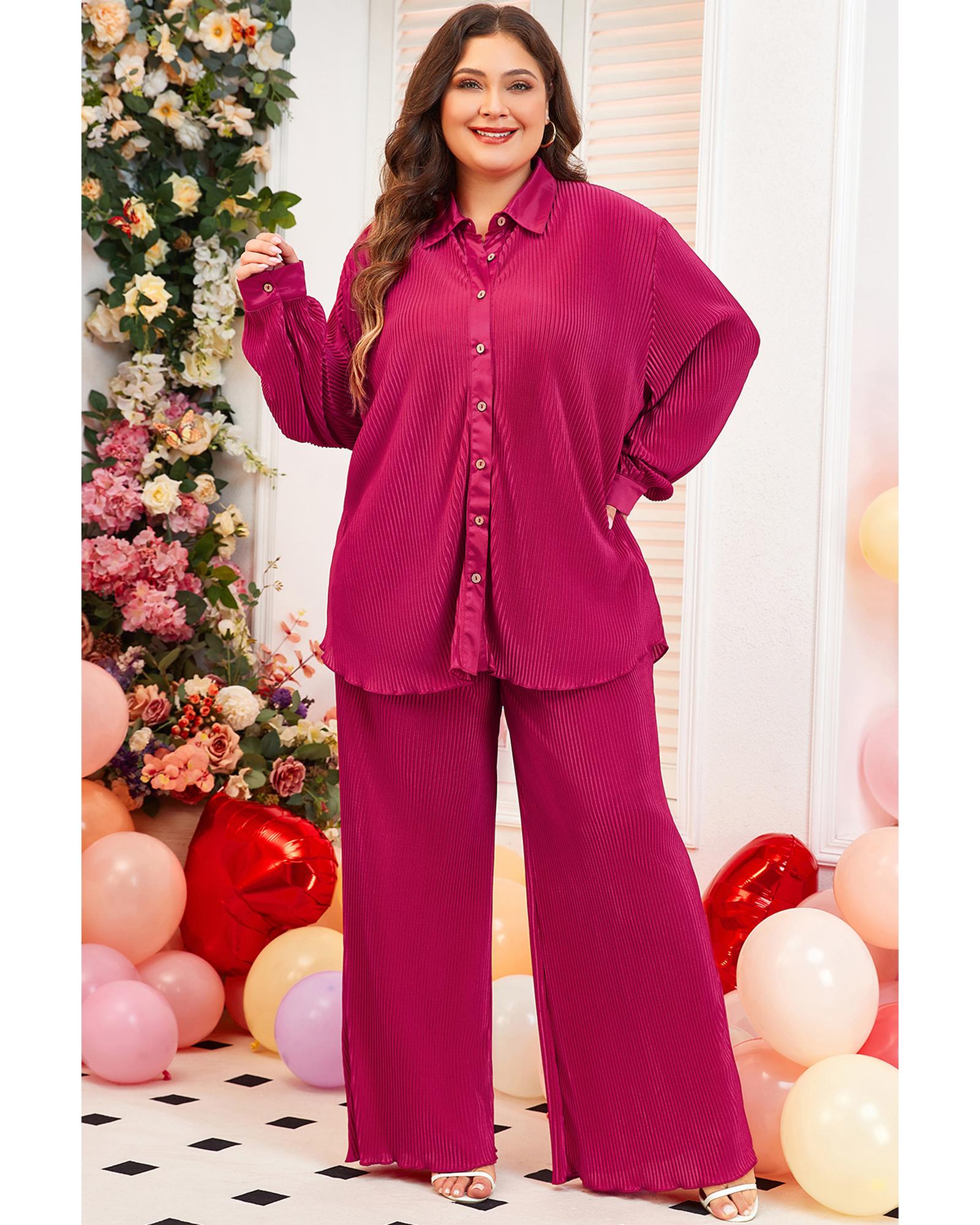 Rose Red Plus Size Ribbed Long Sleeve Shirt and Pants Pajama Set - 3X 8