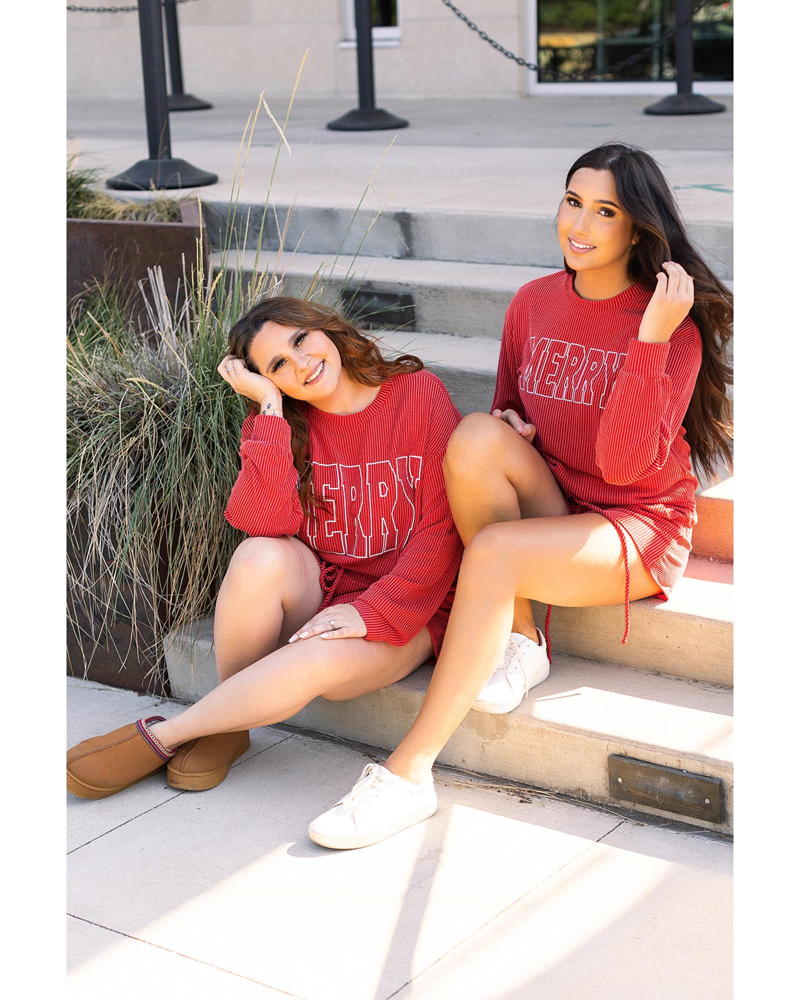 Racing Red MERRY Ribbed Knit Long Sleeve Lace-up Waist Plus Size Set - 1X 5