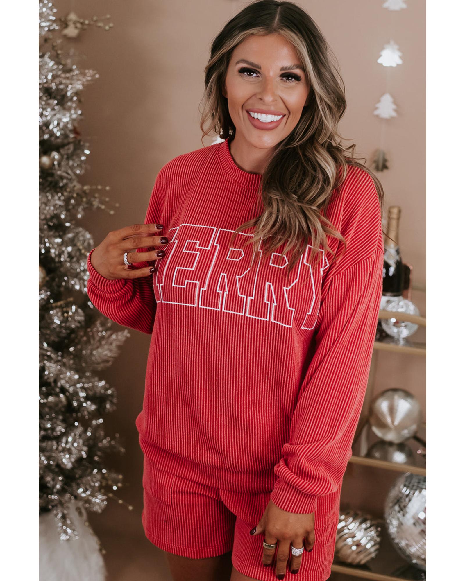 Racing Red MERRY Ribbed Knit Long Sleeve Lace-up Waist Plus Size Set - 2X 4