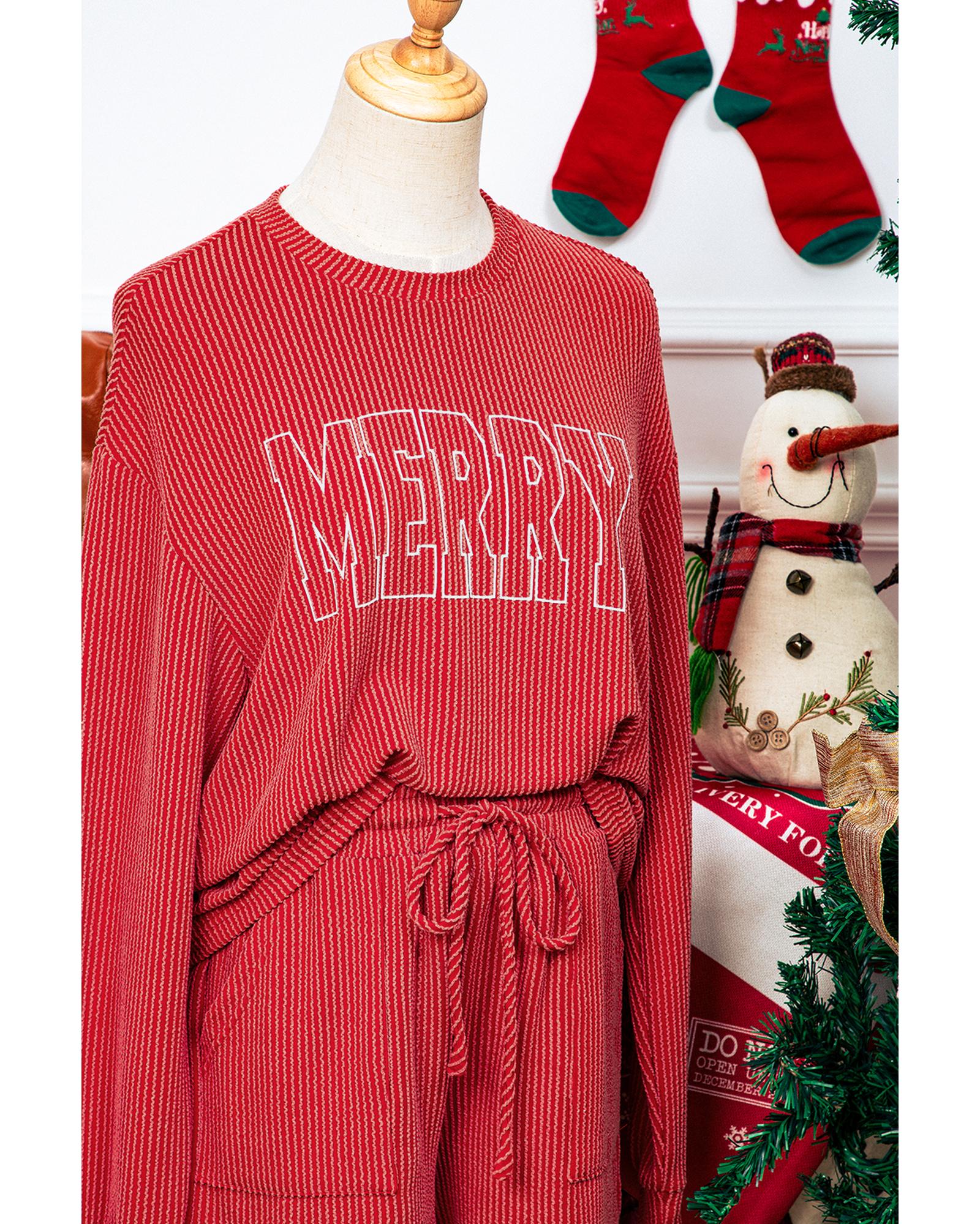 Racing Red MERRY Ribbed Knit Long Sleeve Lace-up Waist Plus Size Set - 3X 8