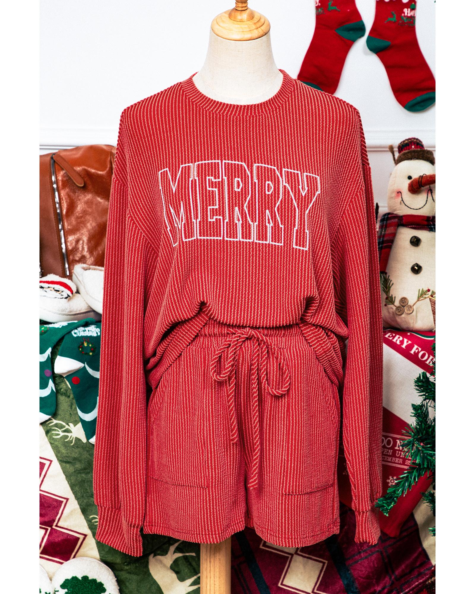 Racing Red MERRY Ribbed Knit Long Sleeve Lace-up Waist Plus Size Set - 4X 3