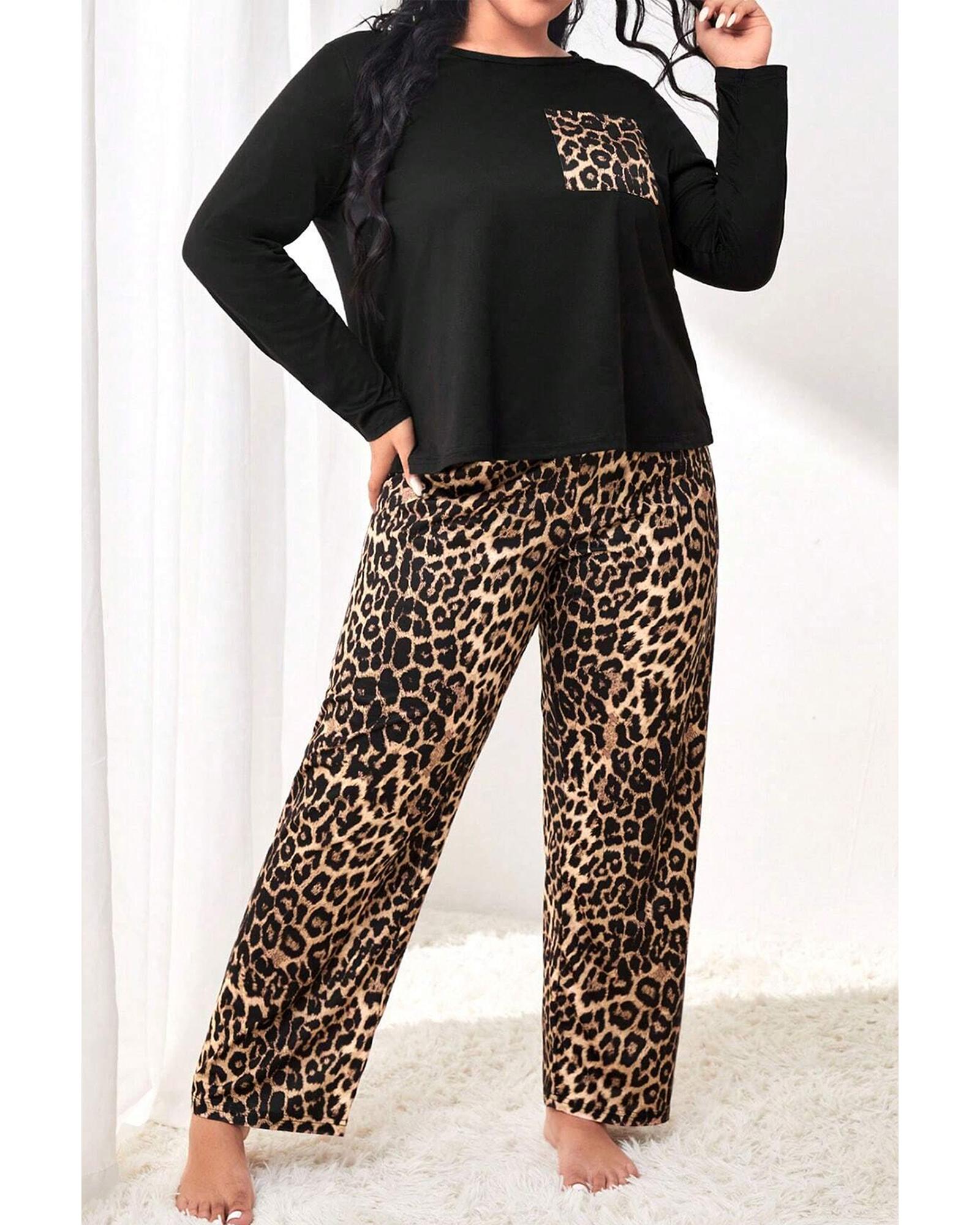 Black Leopard Patched Pocket Long Sleeve Top Plus Size Pants Set - 1X 3
