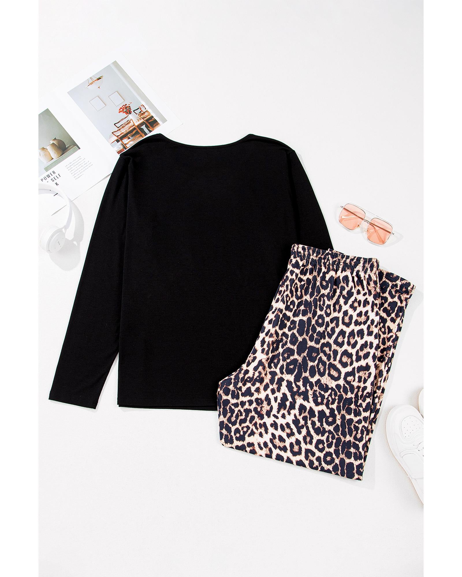 Black Leopard Patched Pocket Long Sleeve Top Plus Size Pants Set - 1X 5