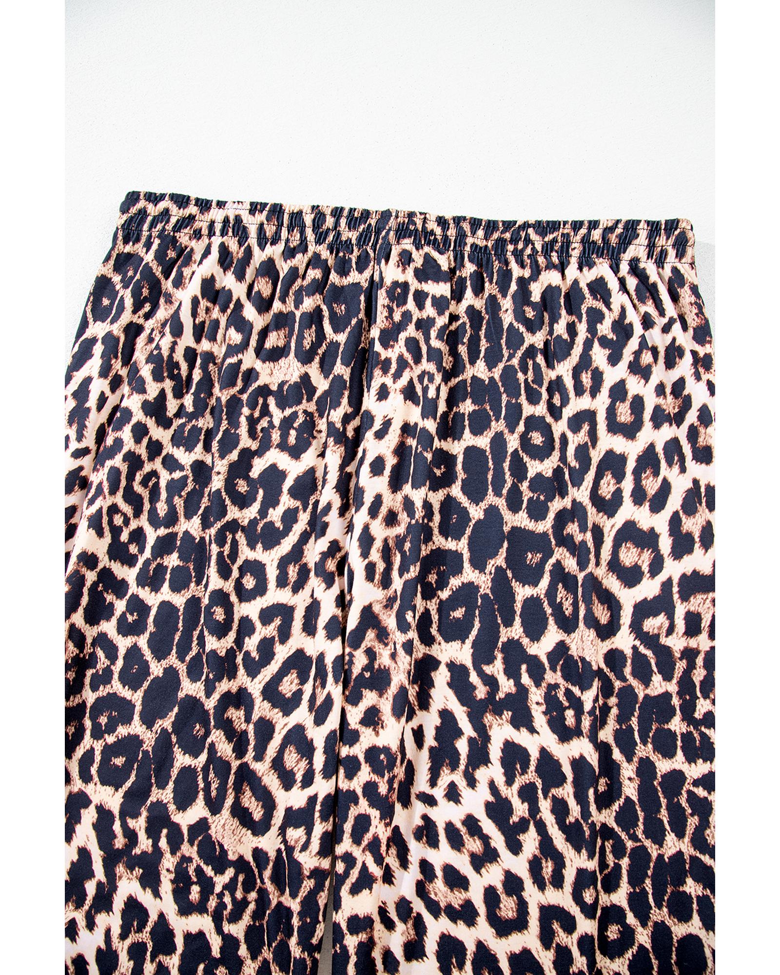 Black Leopard Patched Pocket Long Sleeve Top Plus Size Pants Set - 1X 6