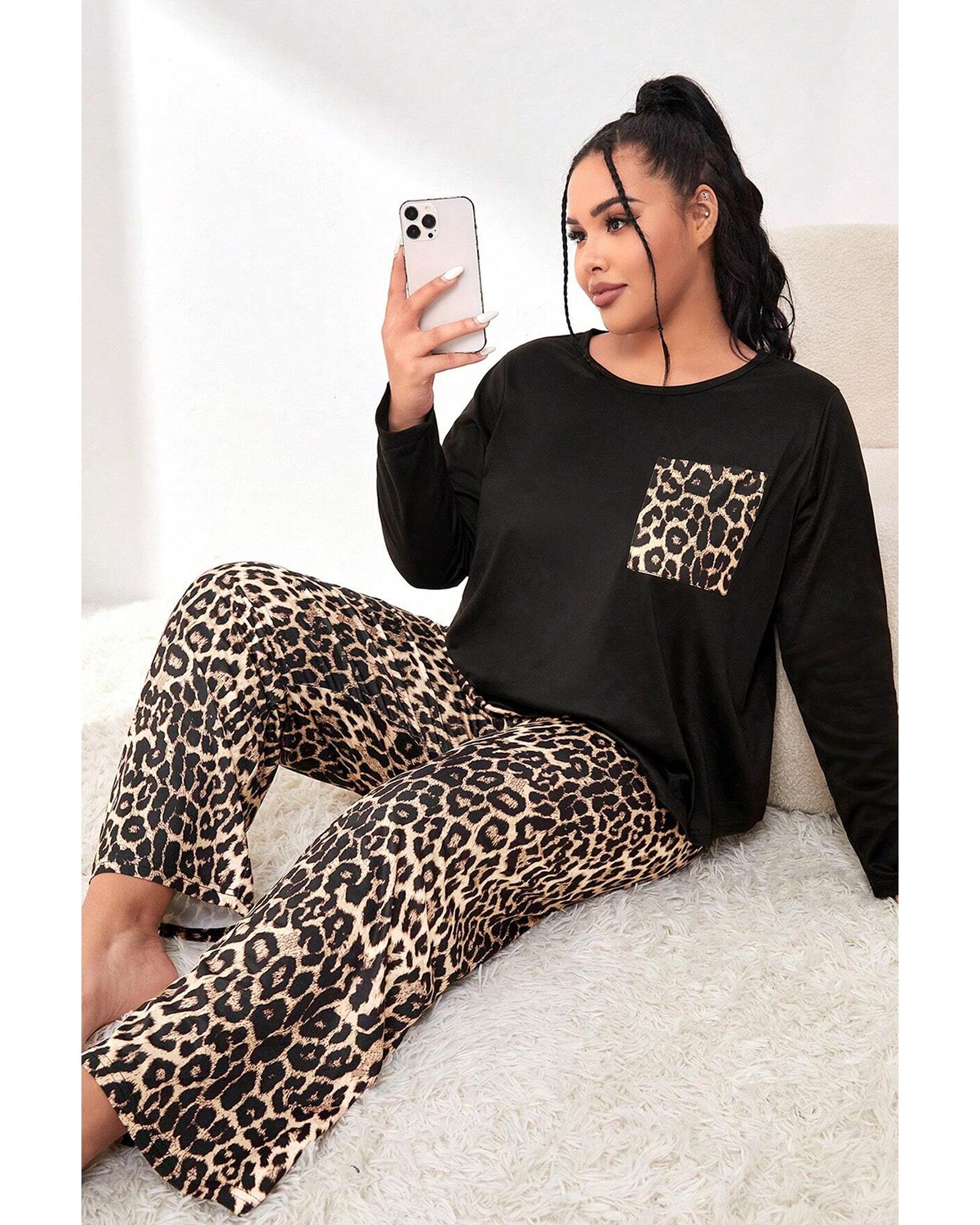 Black Leopard Patched Pocket Long Sleeve Top Plus Size Pants Set - 1X 7