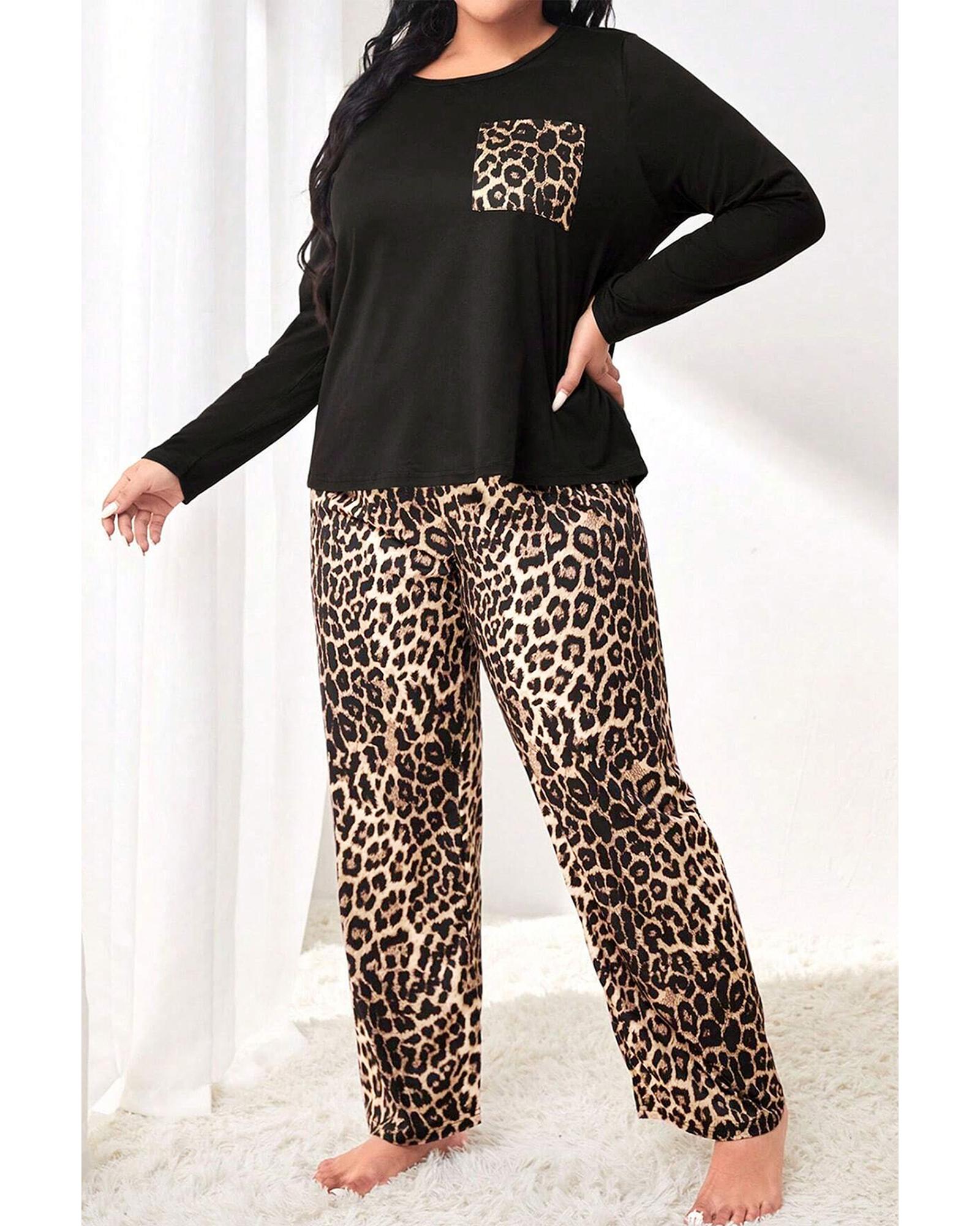 Black Leopard Patched Pocket Long Sleeve Top Plus Size Pants Set - 1X 8