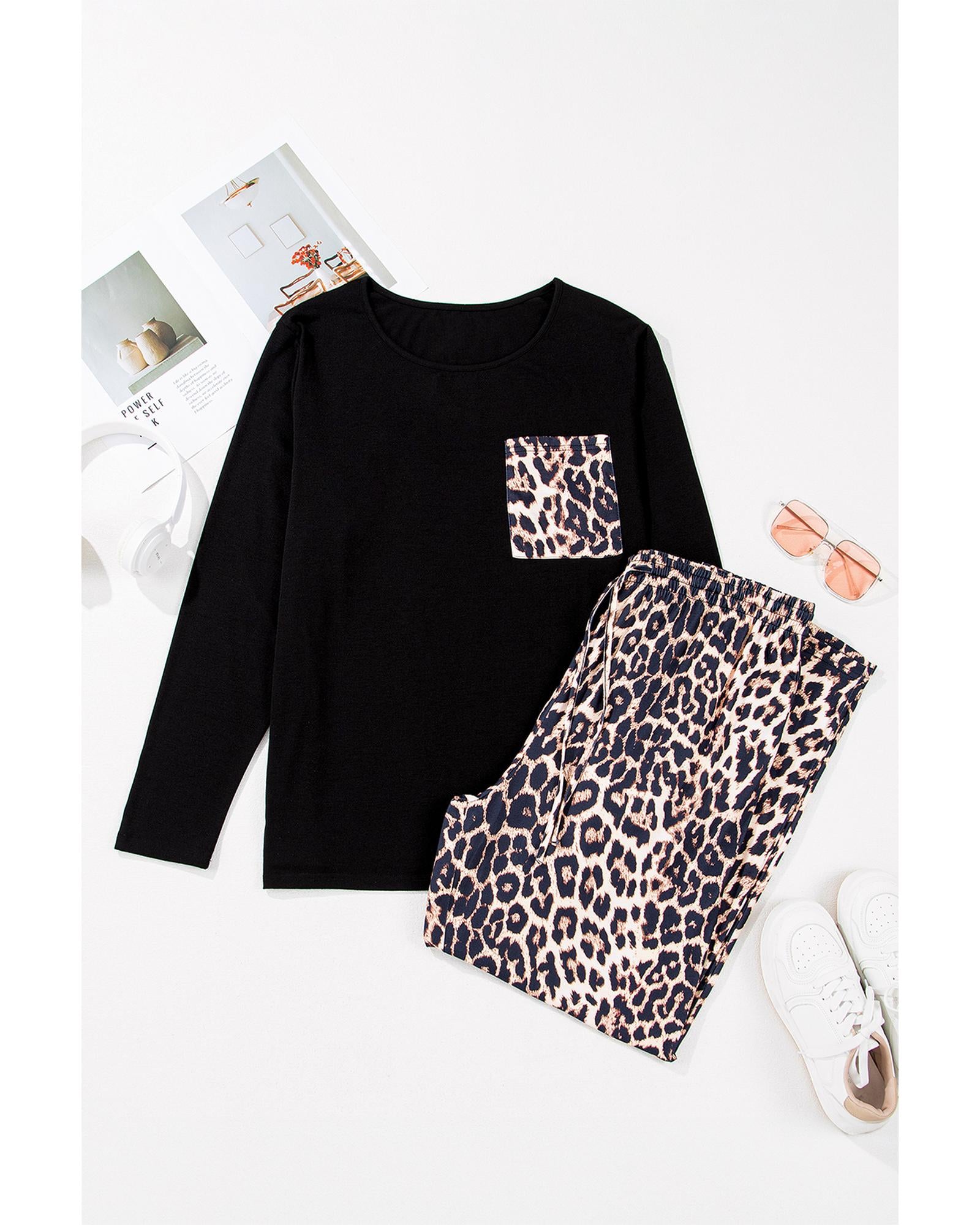 Black Leopard Patched Pocket Long Sleeve Top Plus Size Pants Set - 3X