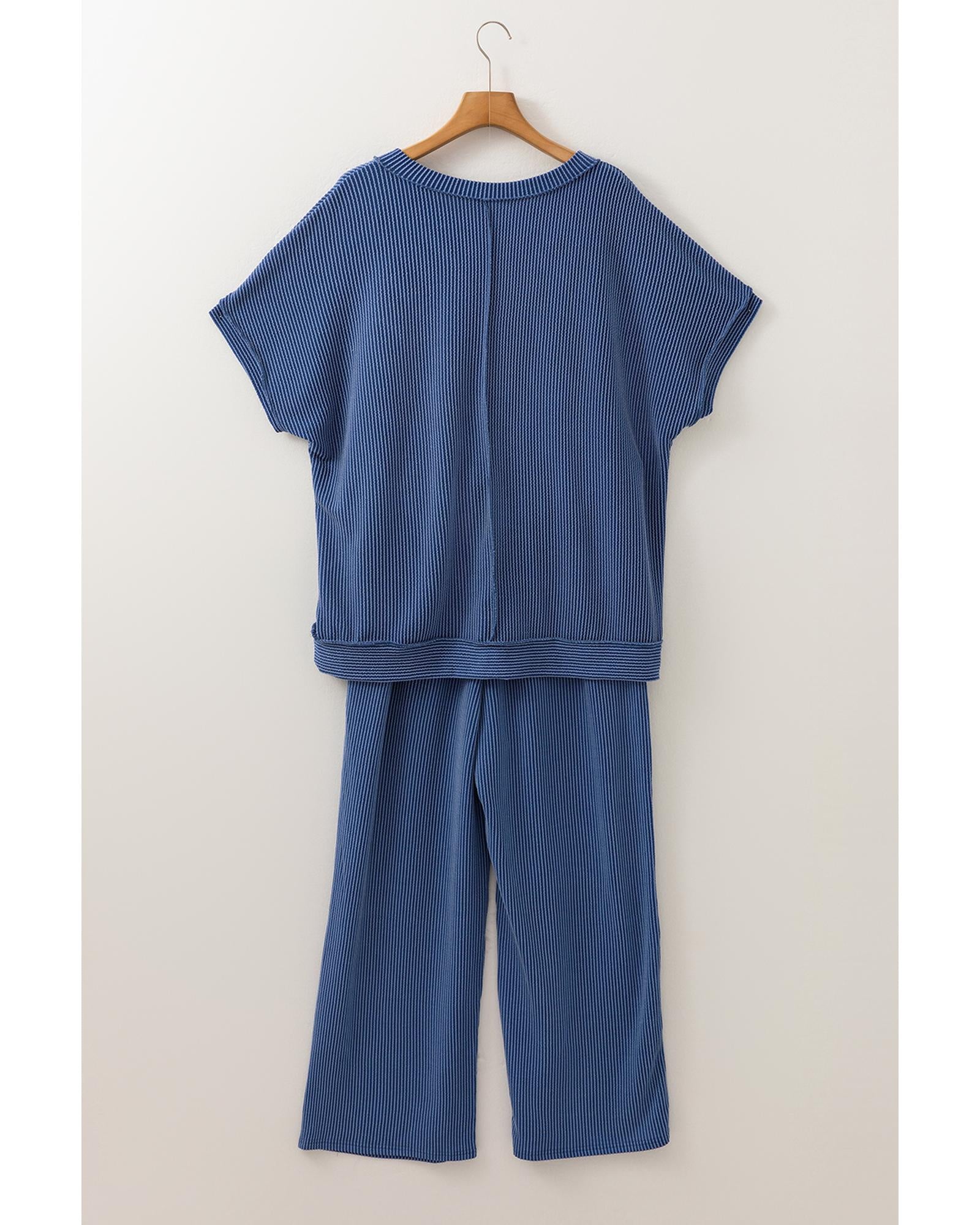 Sail Blue Ribbed V Neck Tee and Pants Plus Size Set - 1X 8