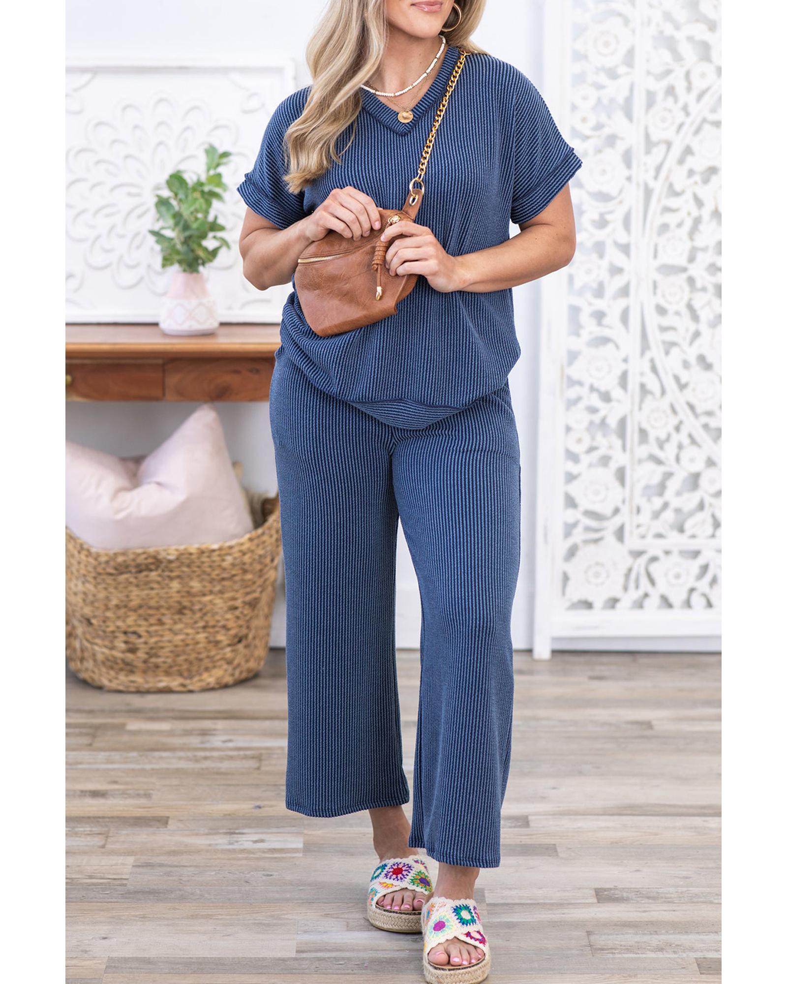 Sail Blue Ribbed V Neck Tee and Pants Plus Size Set - 4X