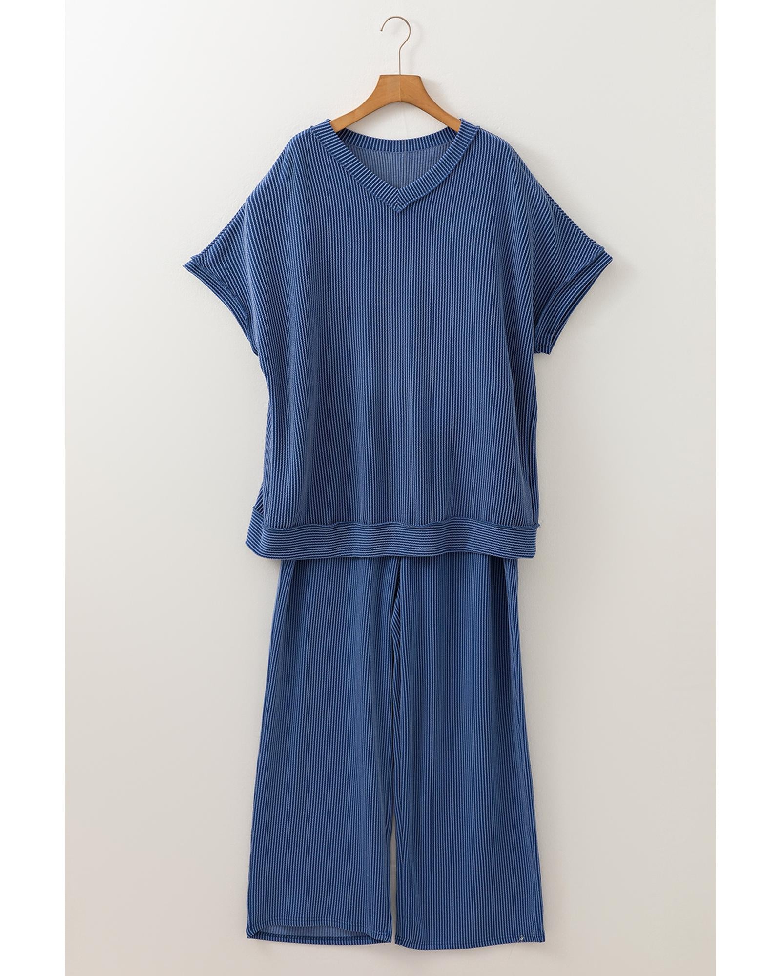 Sail Blue Ribbed V Neck Tee and Pants Plus Size Set - 4X 4