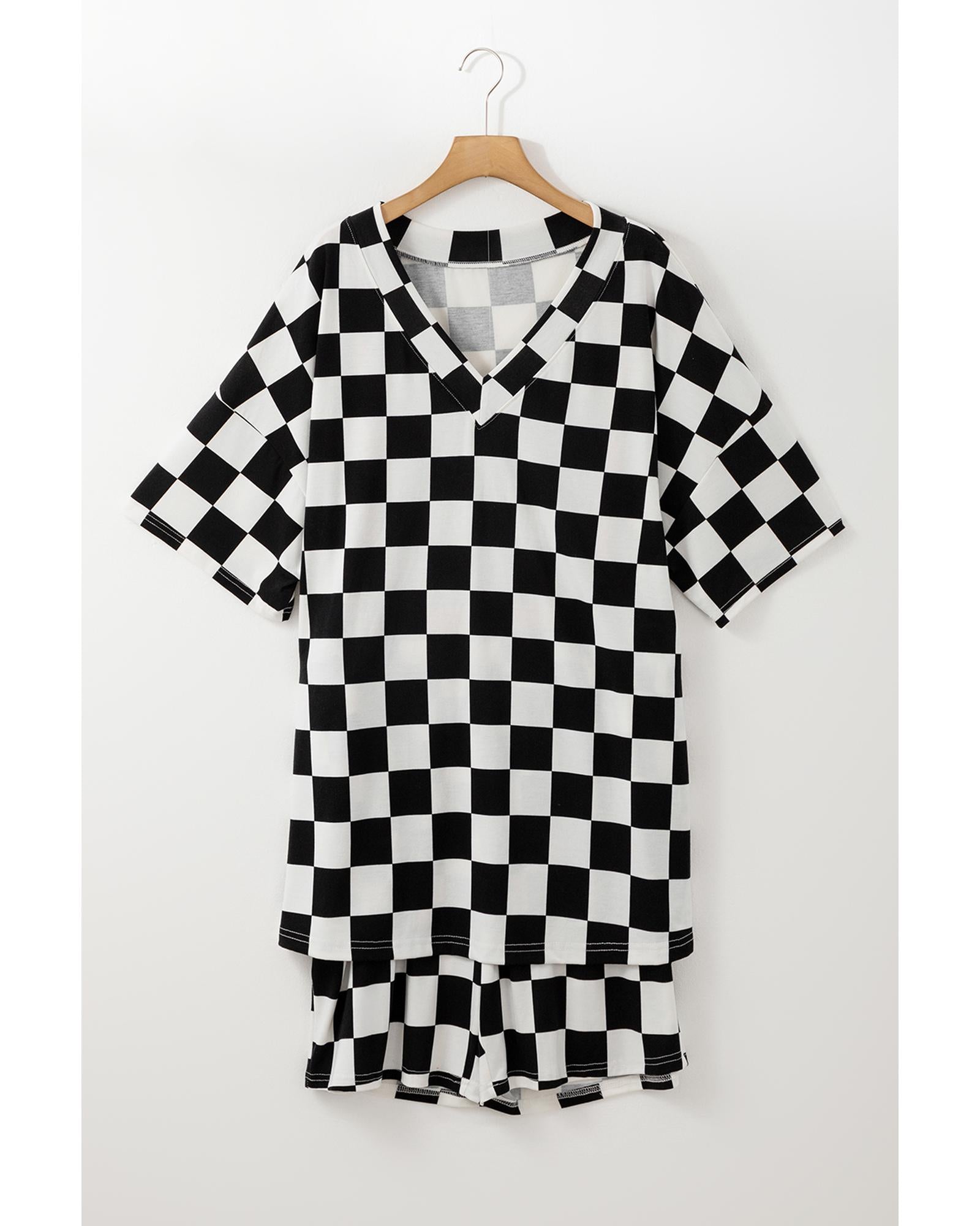 Black Checkered Pattern Tee and Shorts Plus Size Two Piece Set - 1X 6