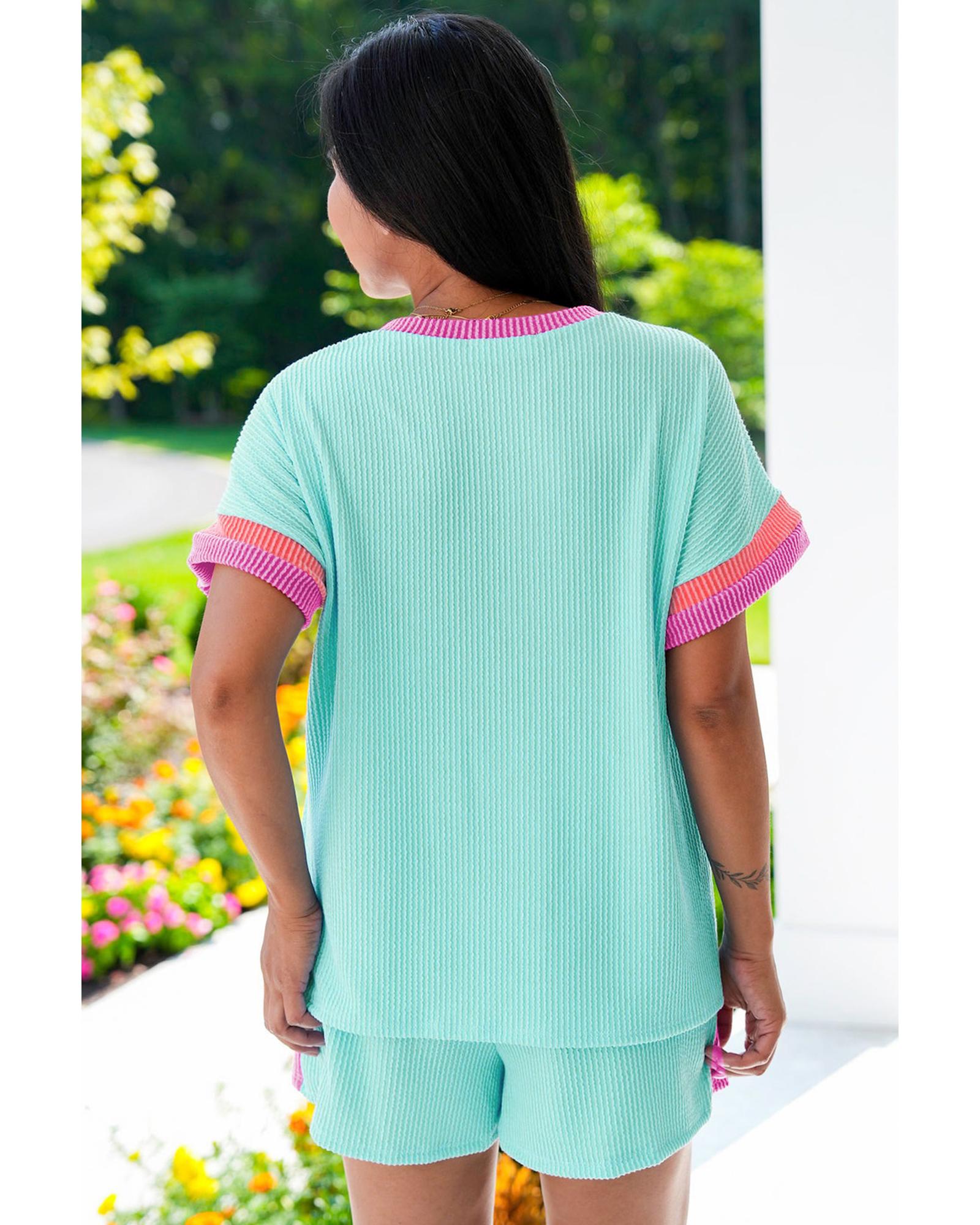 Light Blue Plus Size Color Block Corded Knit Tee and Shorts Set - 4X