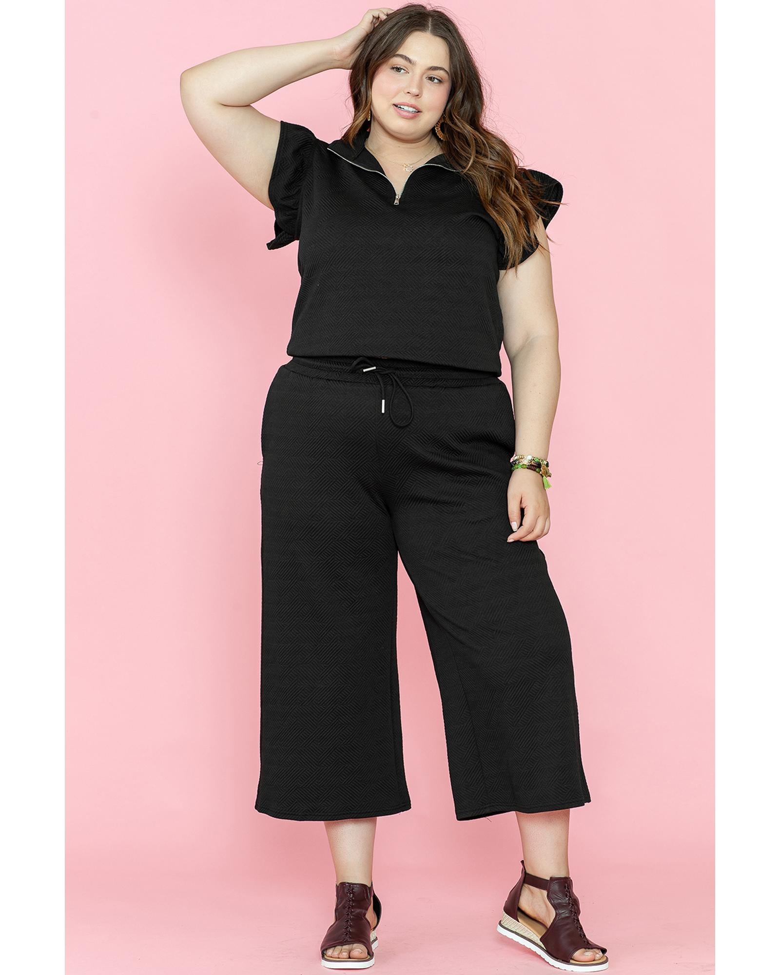 Black Plus Ruffled Sleeve Quarter Zip Top Wide Leg Pants Set - 1X 3