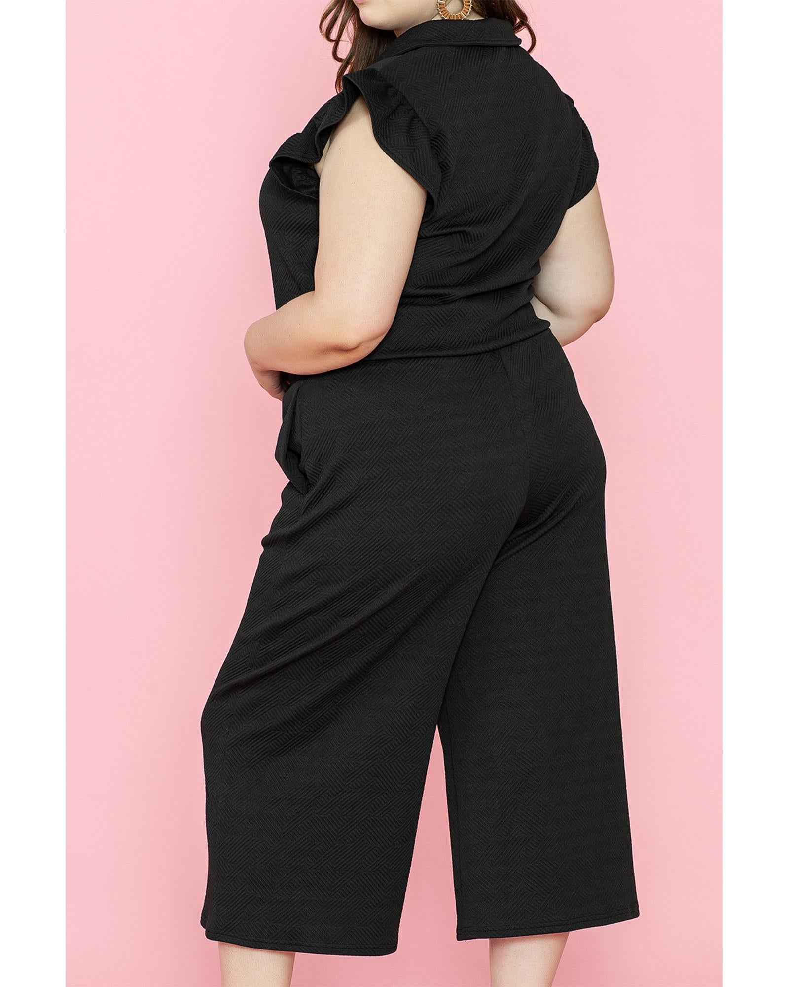Black Plus Ruffled Sleeve Quarter Zip Top Wide Leg Pants Set - 1X 4