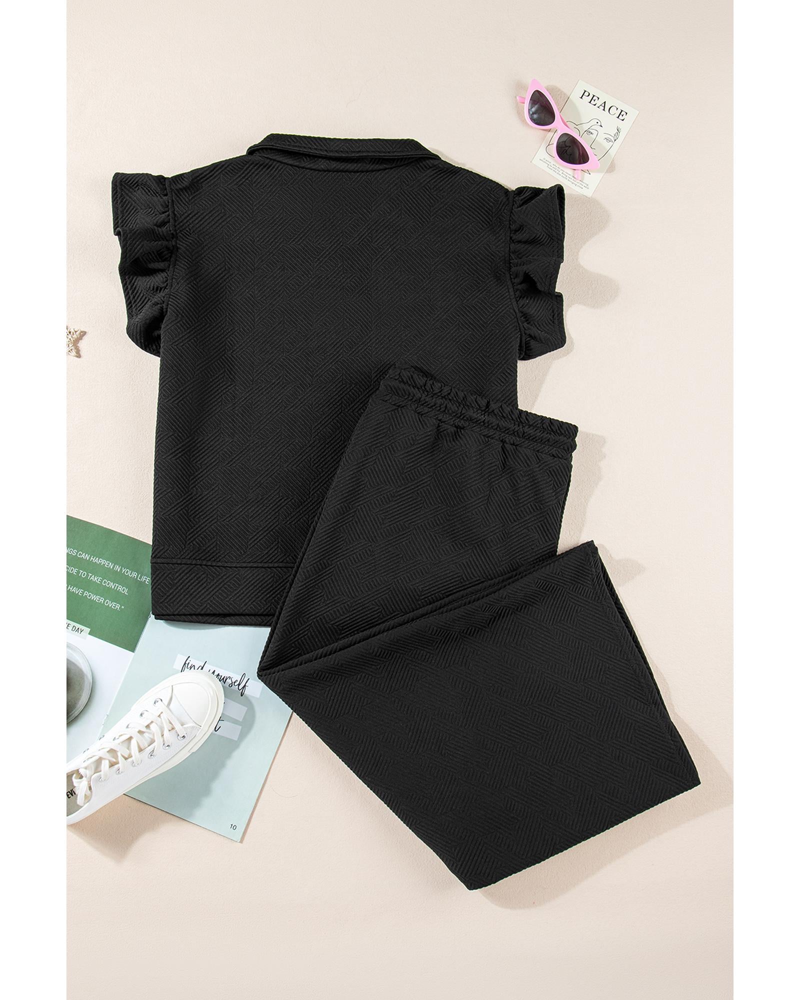 Black Plus Ruffled Sleeve Quarter Zip Top Wide Leg Pants Set - 1X 6