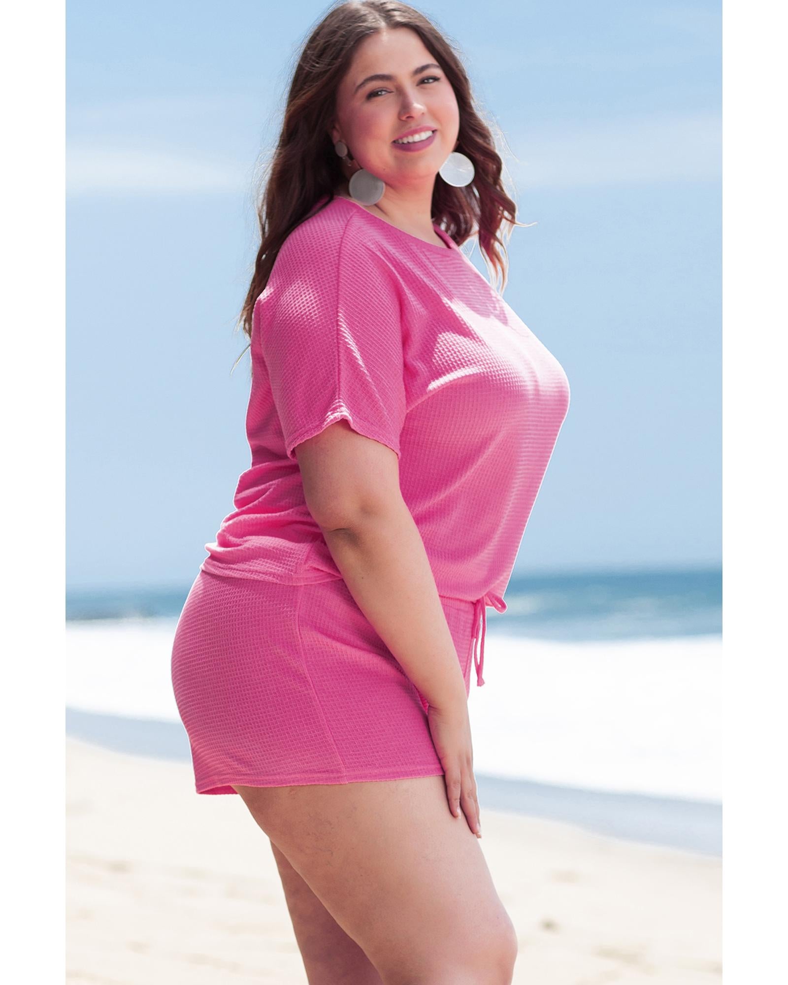 Rose Red Solid Waffle Knit Plus Size Two Piece Set - 1X