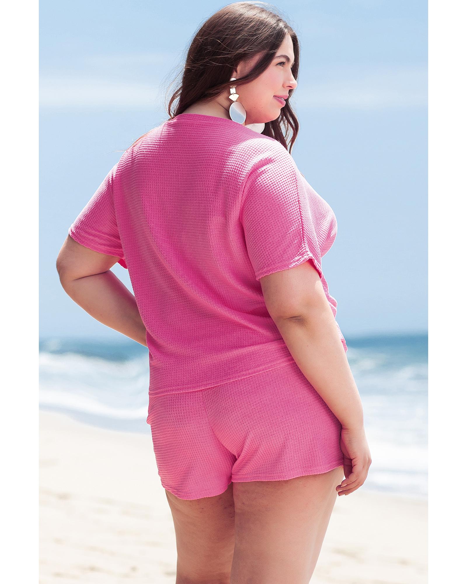 Rose Red Solid Waffle Knit Plus Size Two Piece Set - 1X 3