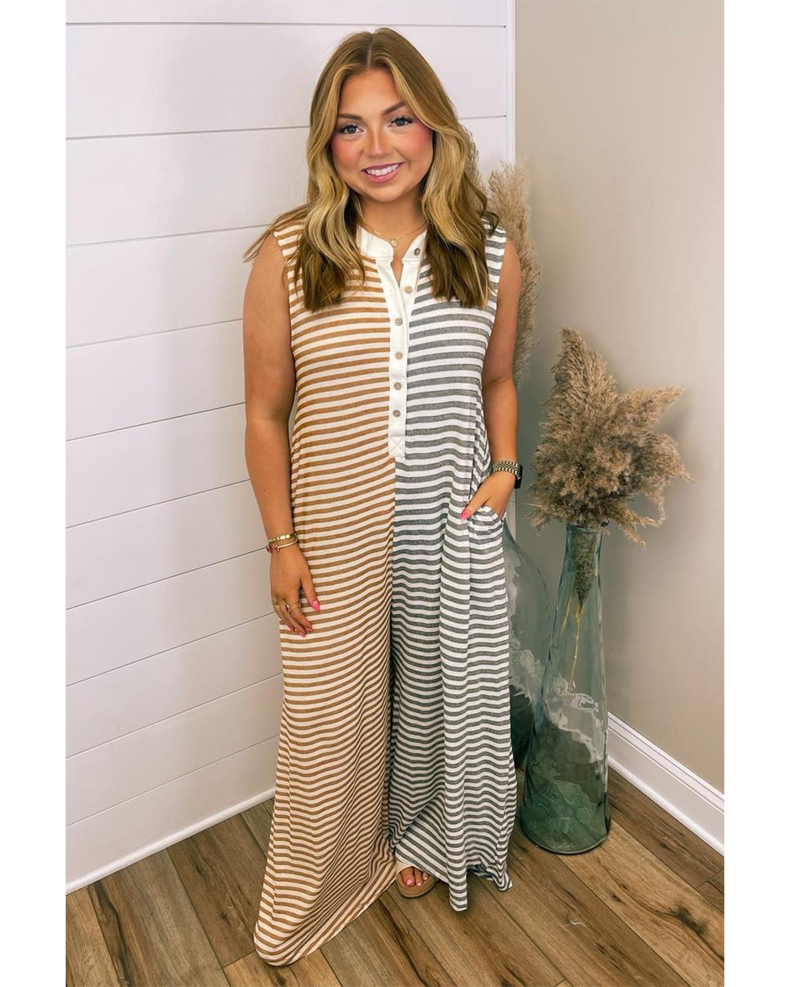 Gray Stripe Plus Size Color Block Buttoned Sleeveless Wide Leg Jumpsuit - 2X 4