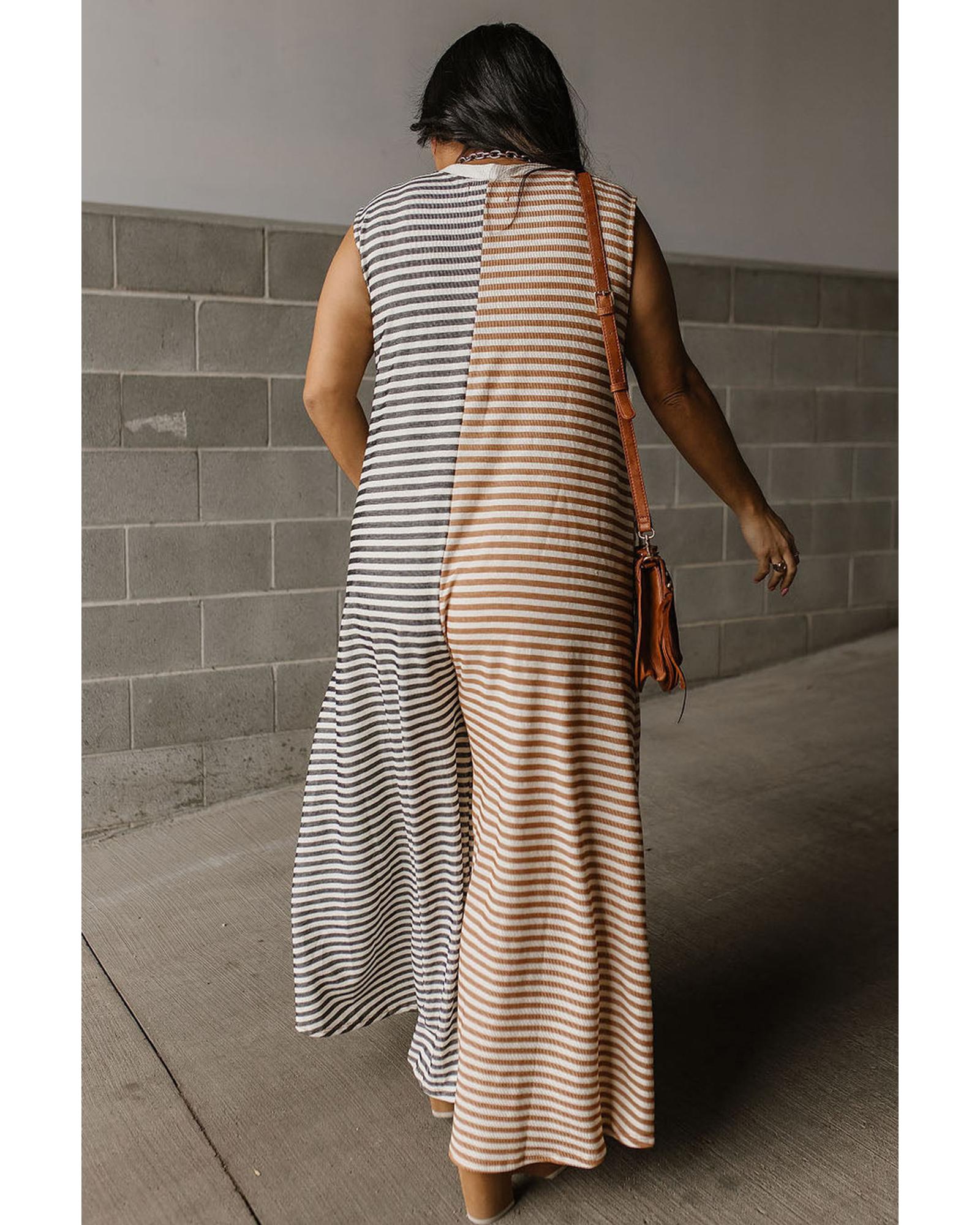 Gray Stripe Plus Size Color Block Buttoned Sleeveless Wide Leg Jumpsuit - 3X 6