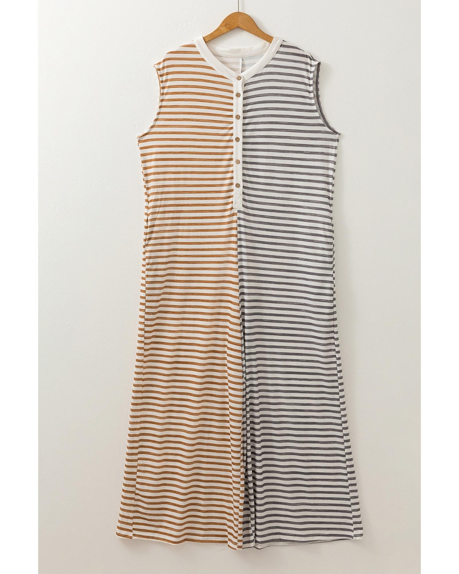 Gray Stripe Plus Size Color Block Buttoned Sleeveless Wide Leg Jumpsuit - 4X 5