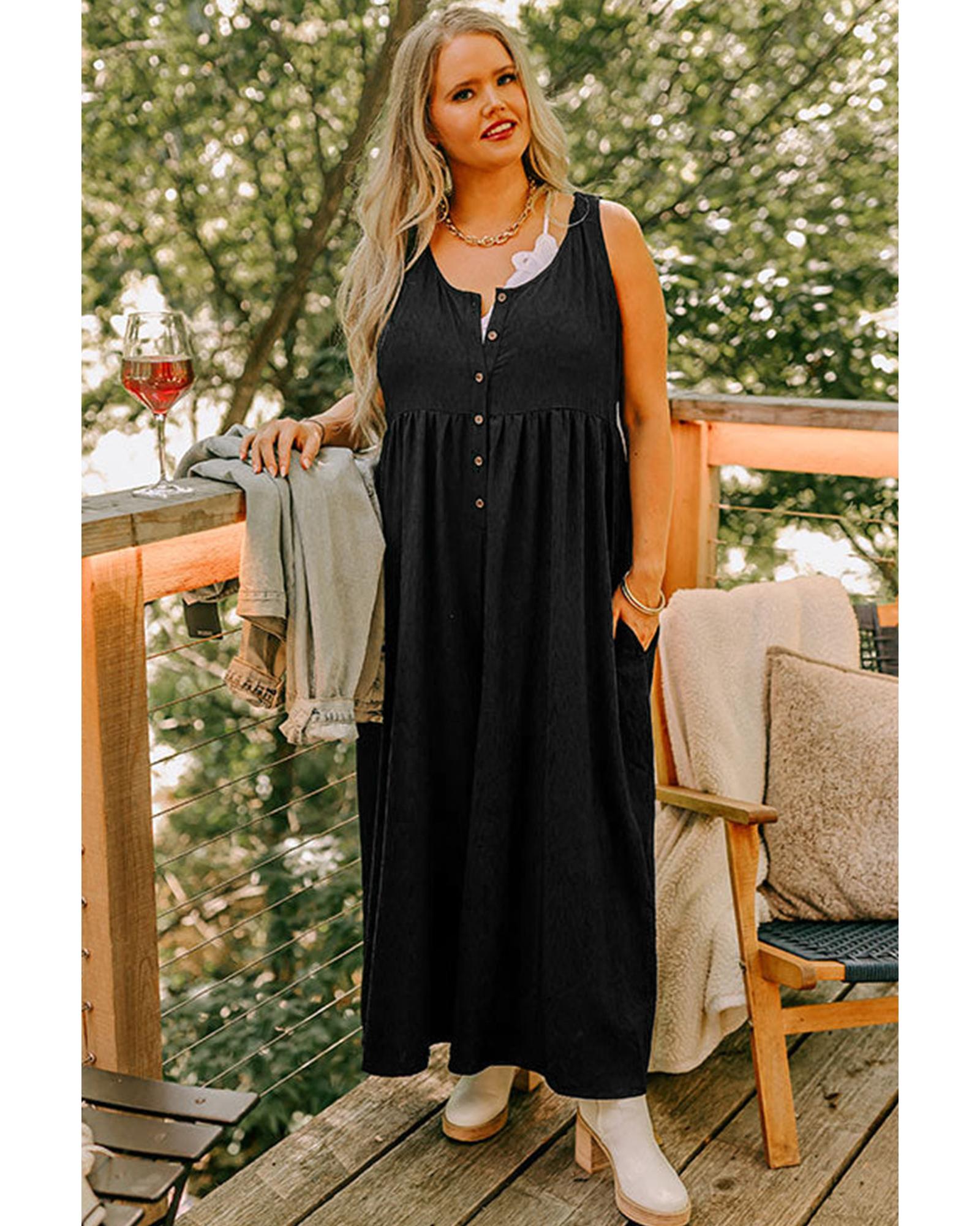 Black Plus Size Sleeveless Button Front Loose Jumpsuit - 1X 5