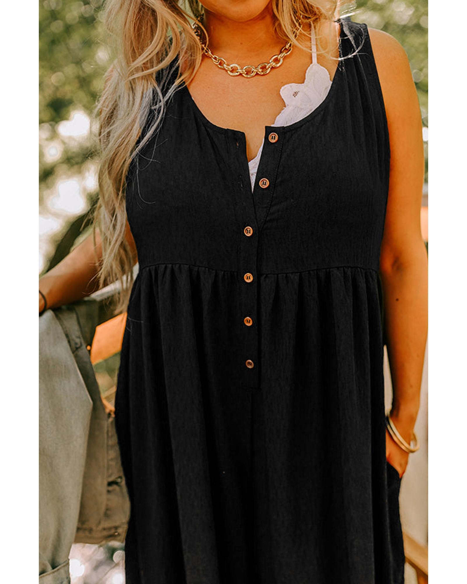 Black Plus Size Sleeveless Button Front Loose Jumpsuit - 1X 7