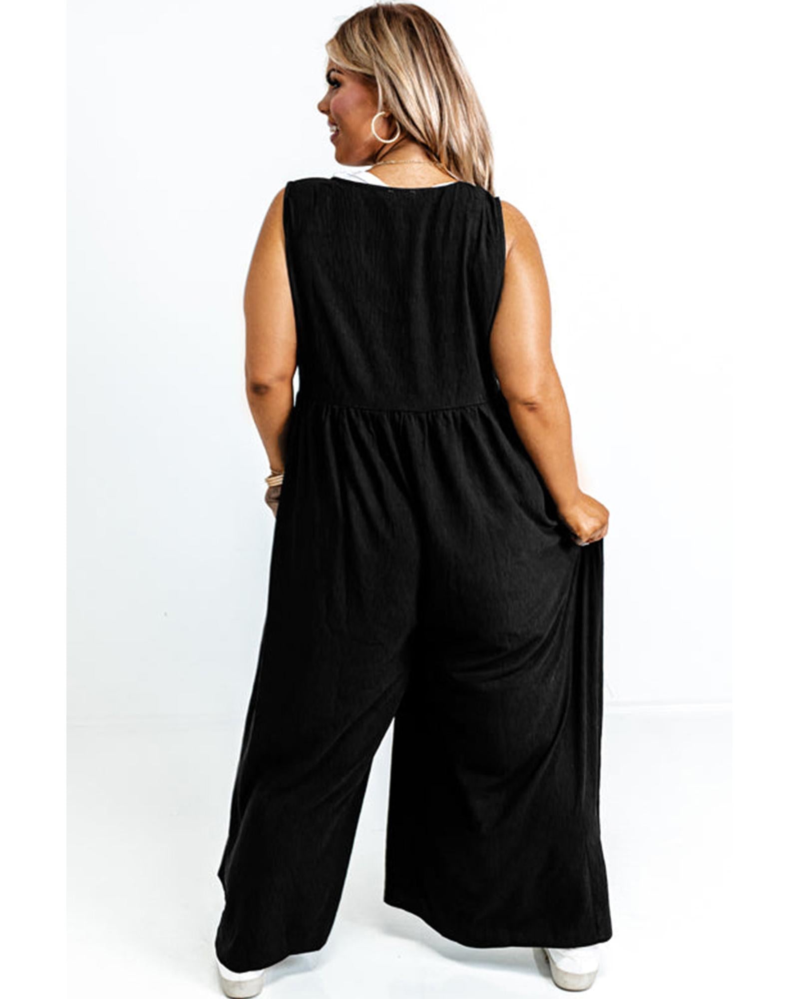 Black Plus Size Sleeveless Button Front Loose Jumpsuit - 3X
