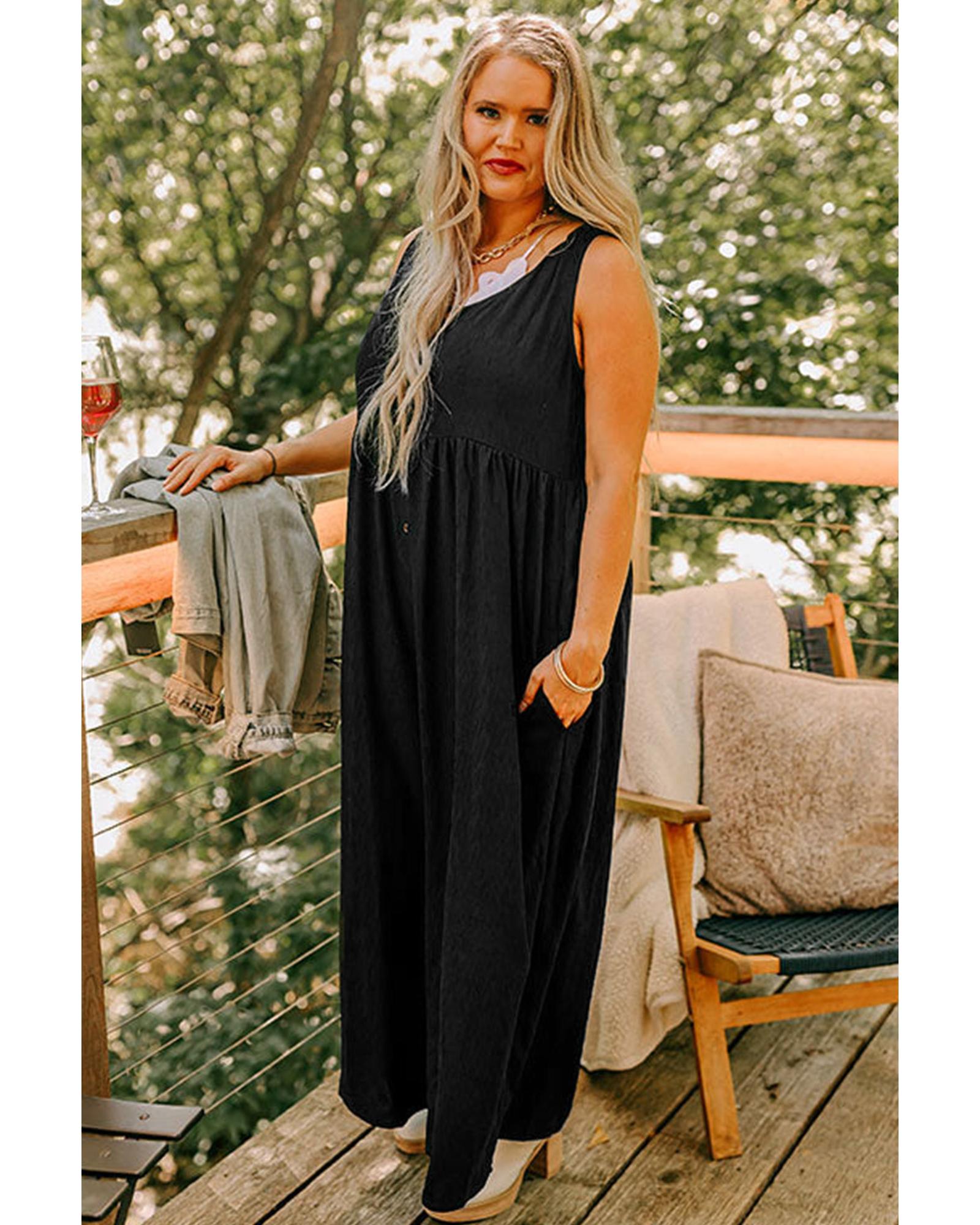 Black Plus Size Sleeveless Button Front Loose Jumpsuit - 3X