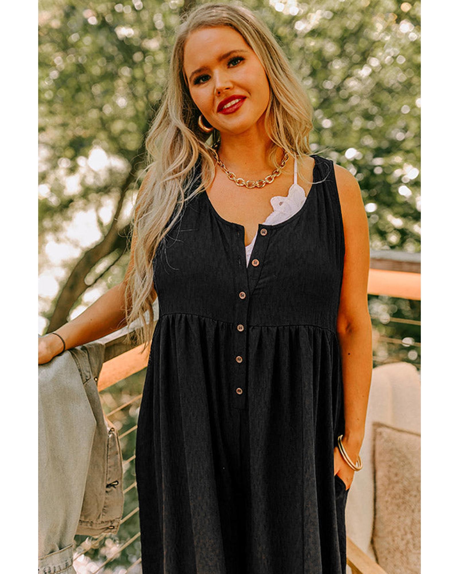 Black Plus Size Sleeveless Button Front Loose Jumpsuit - 3X 5
