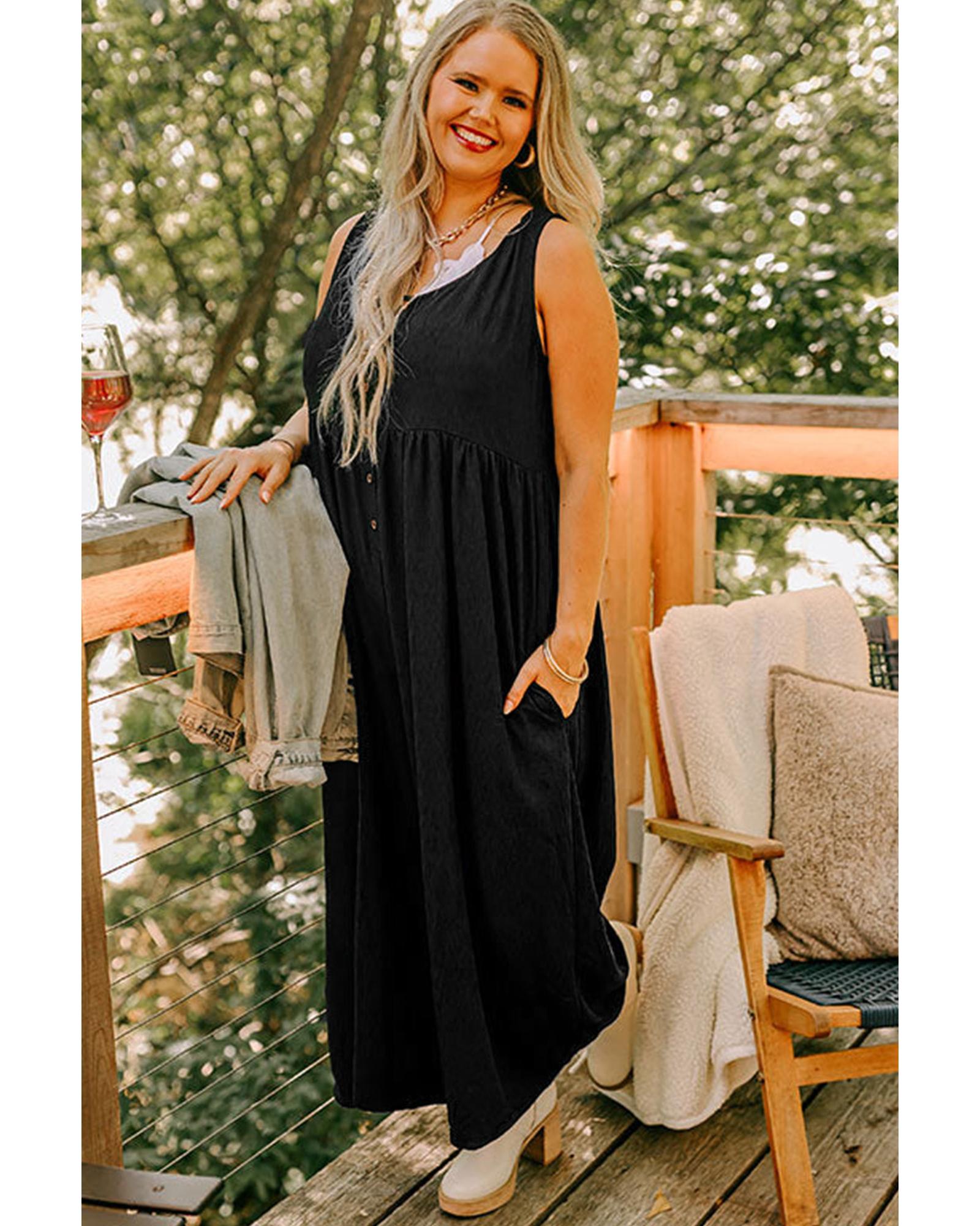 Black Plus Size Sleeveless Button Front Loose Jumpsuit - 4X 4