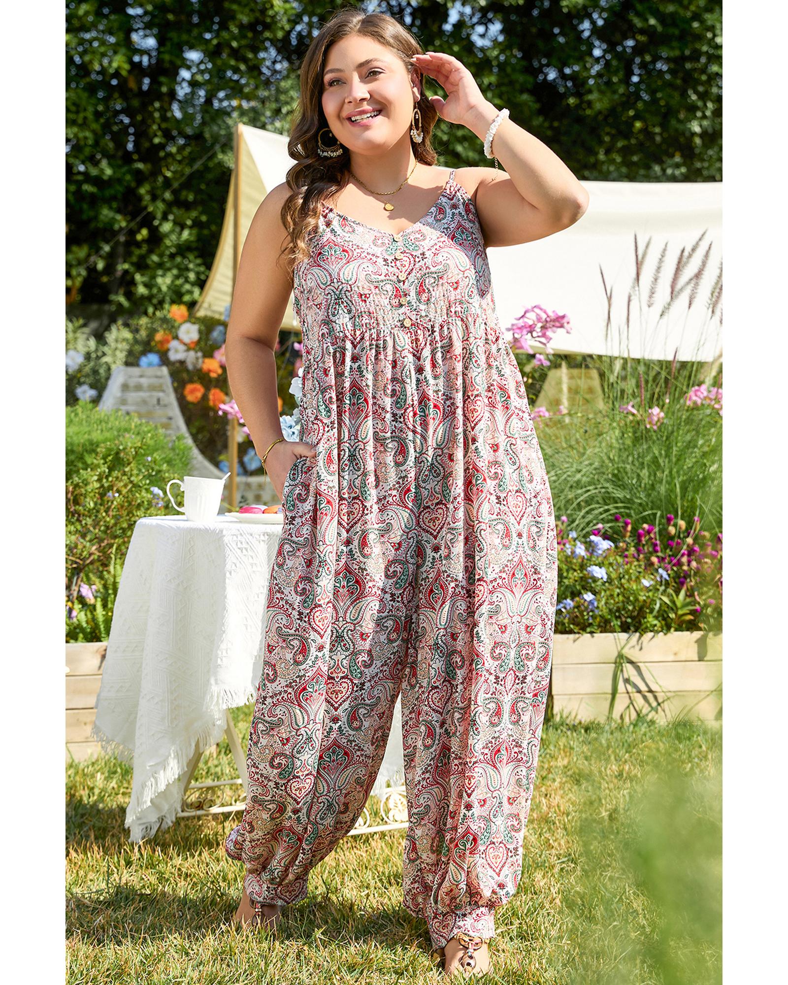 Multicolour Plus Size Paisley Print Sleeveless V Neck Jogger Jumpsuit - 1X 4