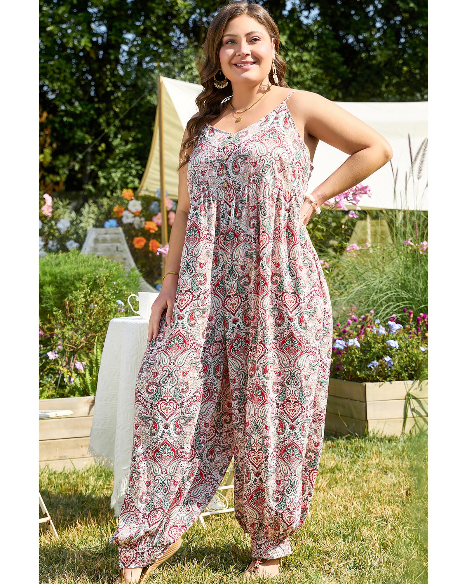 Multicolour Plus Size Paisley Print Sleeveless V Neck Jogger Jumpsuit - 1X 5