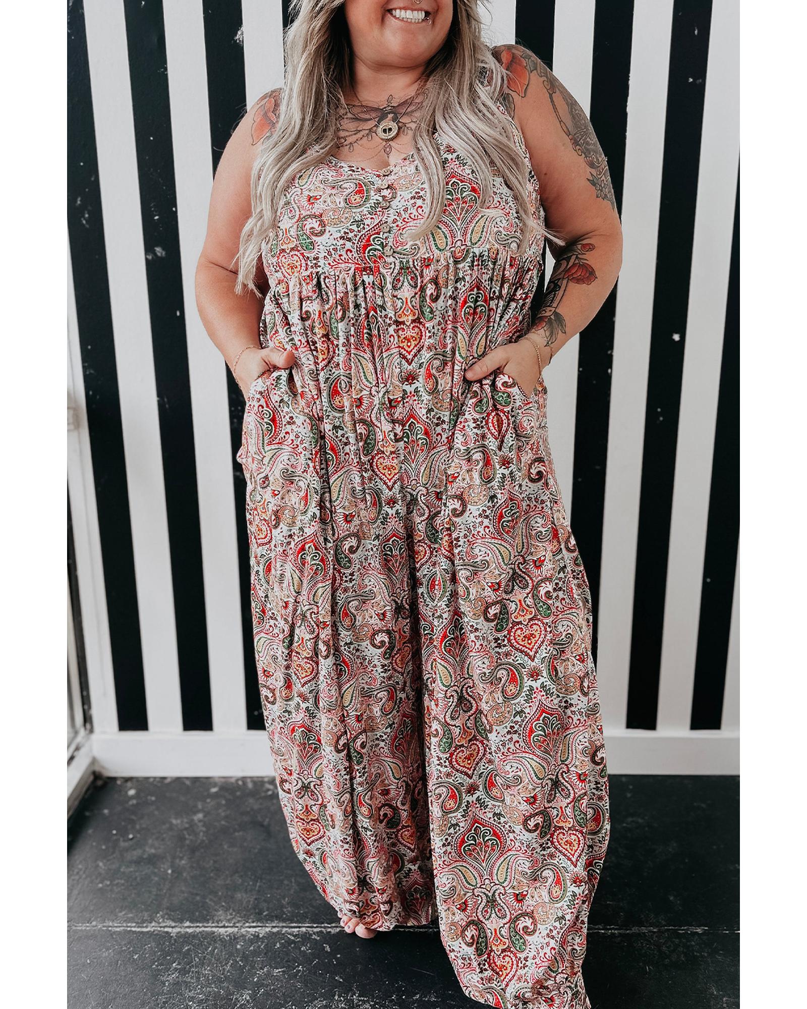 Multicolour Plus Size Paisley Print Sleeveless V Neck Jogger Jumpsuit - 2X 8