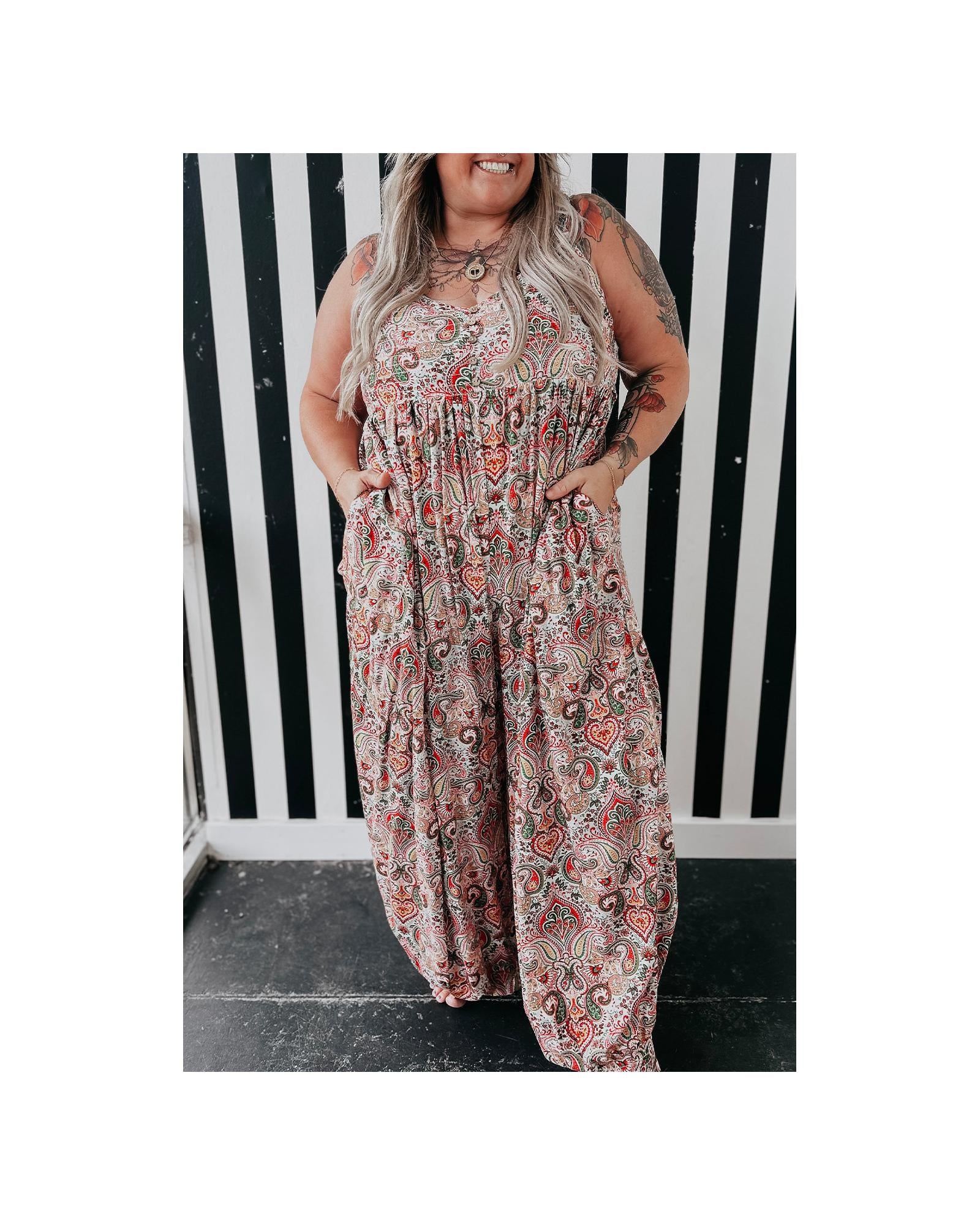 Multicolour Plus Size Paisley Print Sleeveless V Neck Jogger Jumpsuit - 3X 8