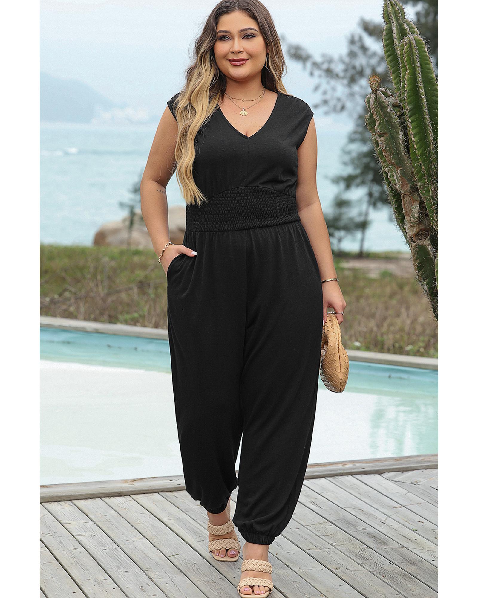Black Plus Smocked High Waist Sleeveless V Neck Jumpsuit - 3X 3