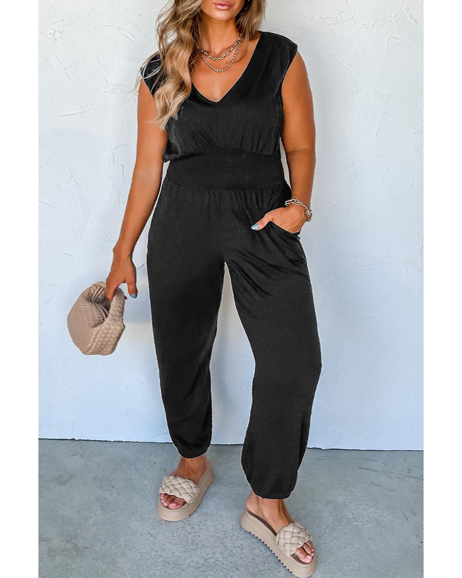 Black Plus Smocked High Waist Sleeveless V Neck Jumpsuit - 3X 4