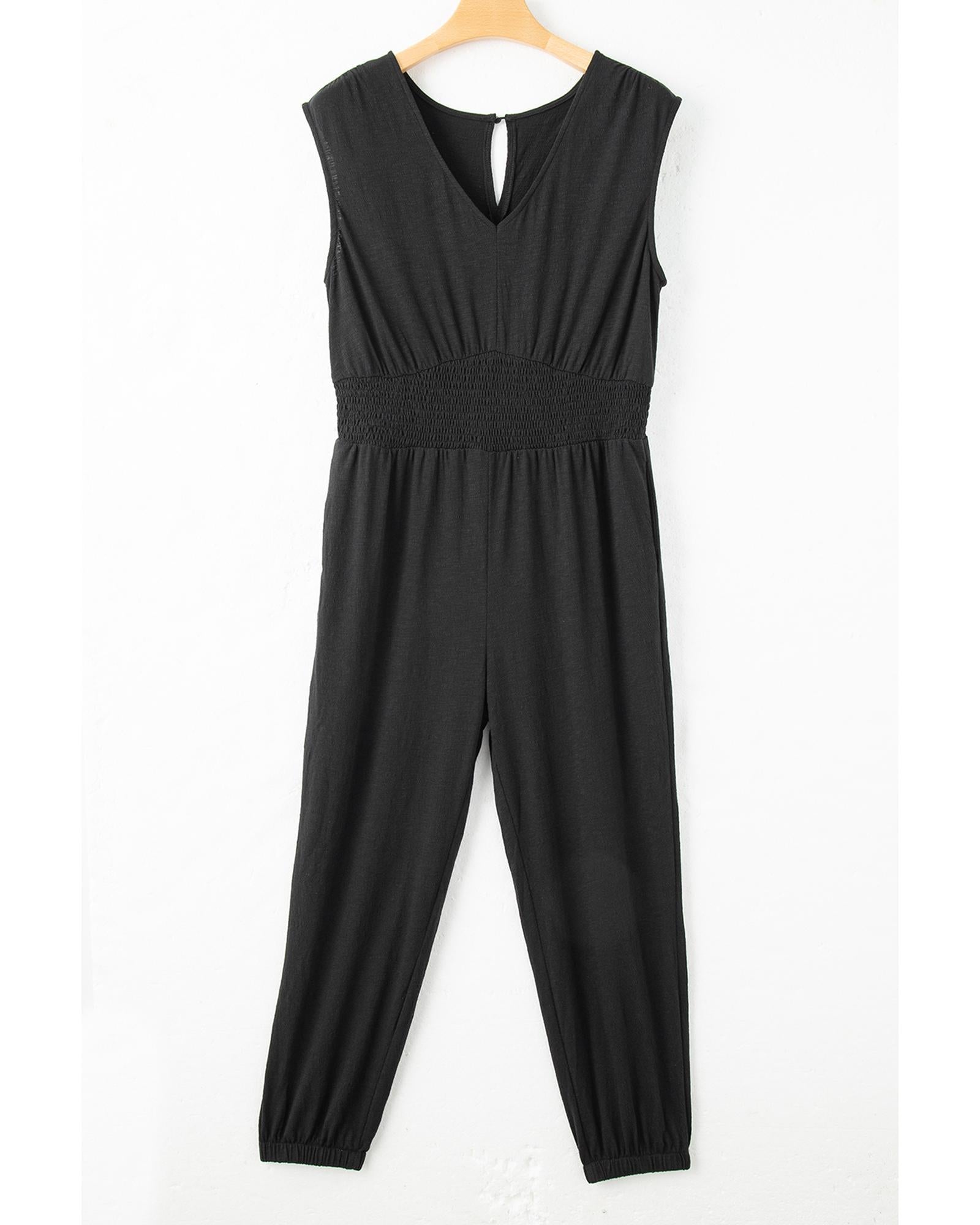 Black Plus Smocked High Waist Sleeveless V Neck Jumpsuit - 3X 5