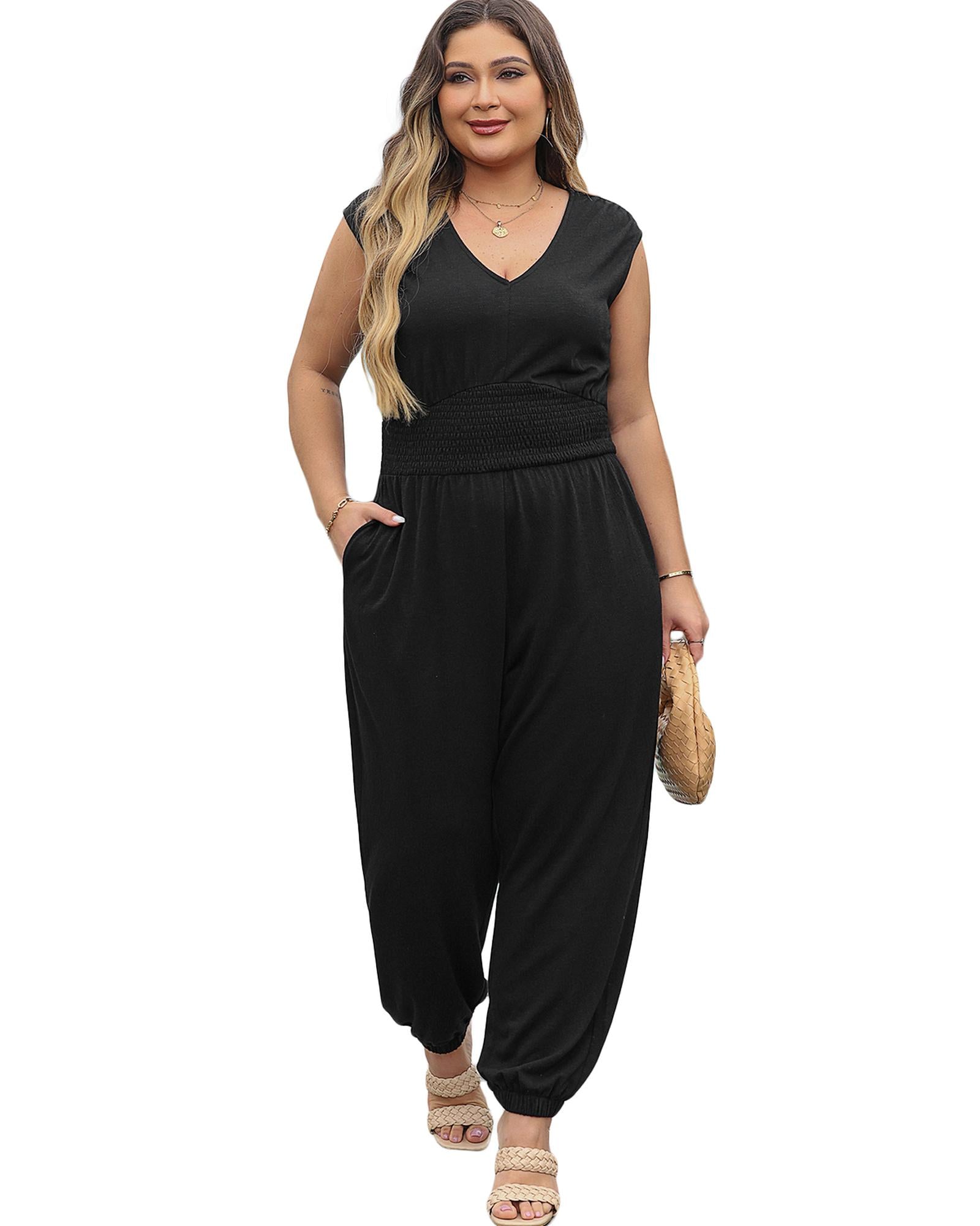 Black Plus Smocked High Waist Sleeveless V Neck Jumpsuit - 3X 6