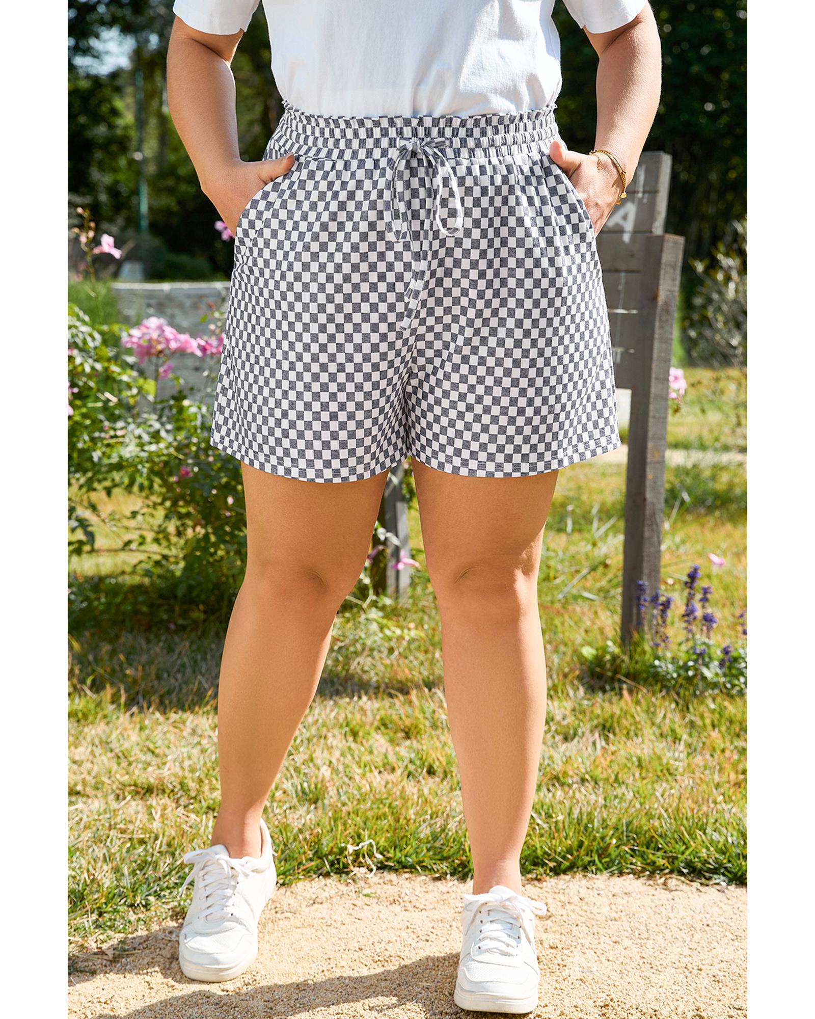 Gray Checkerboard Lace-Up High Waist Plus Size Casual Shorts - 1X 5