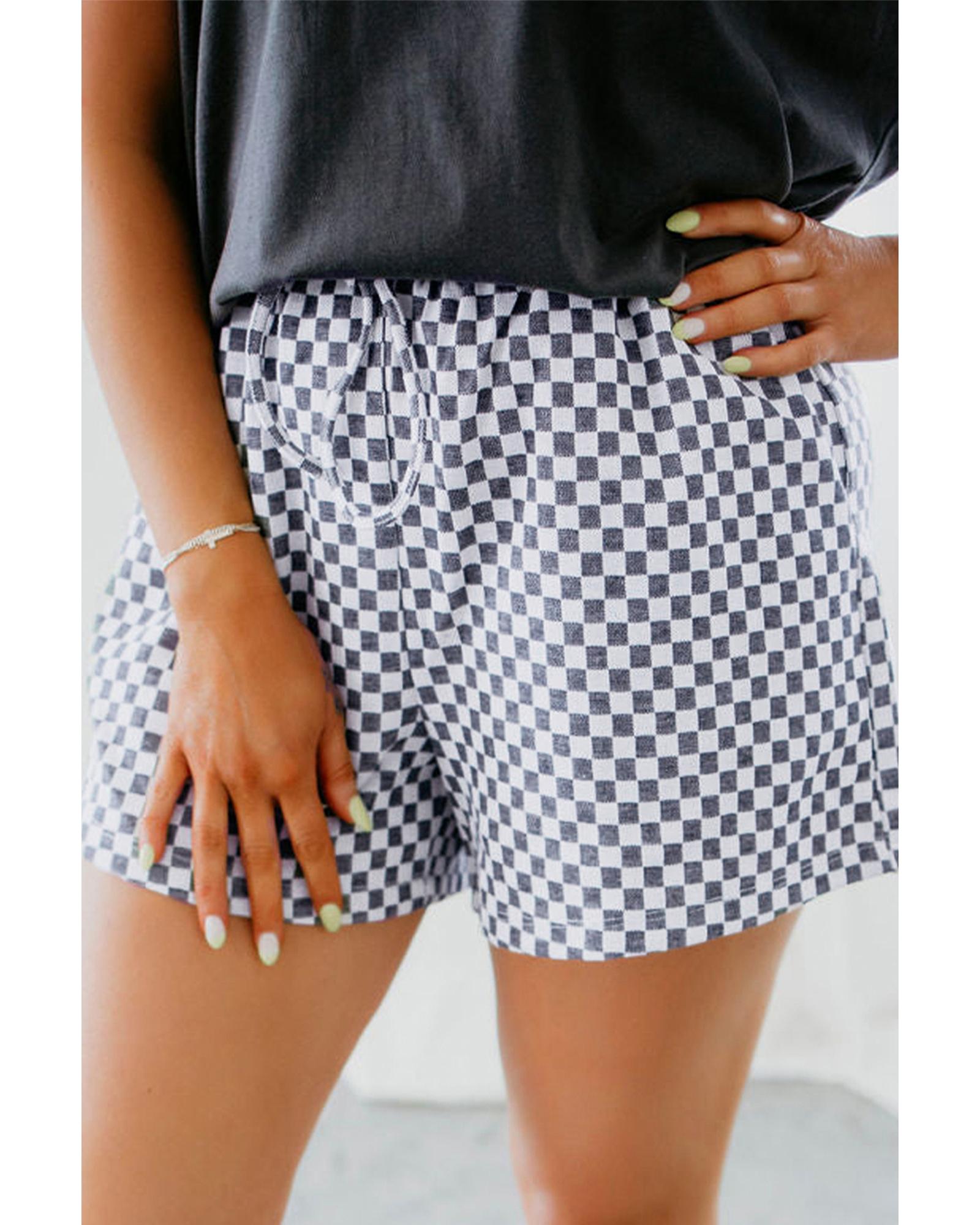 Gray Checkerboard Lace-Up High Waist Plus Size Casual Shorts - 1X 7