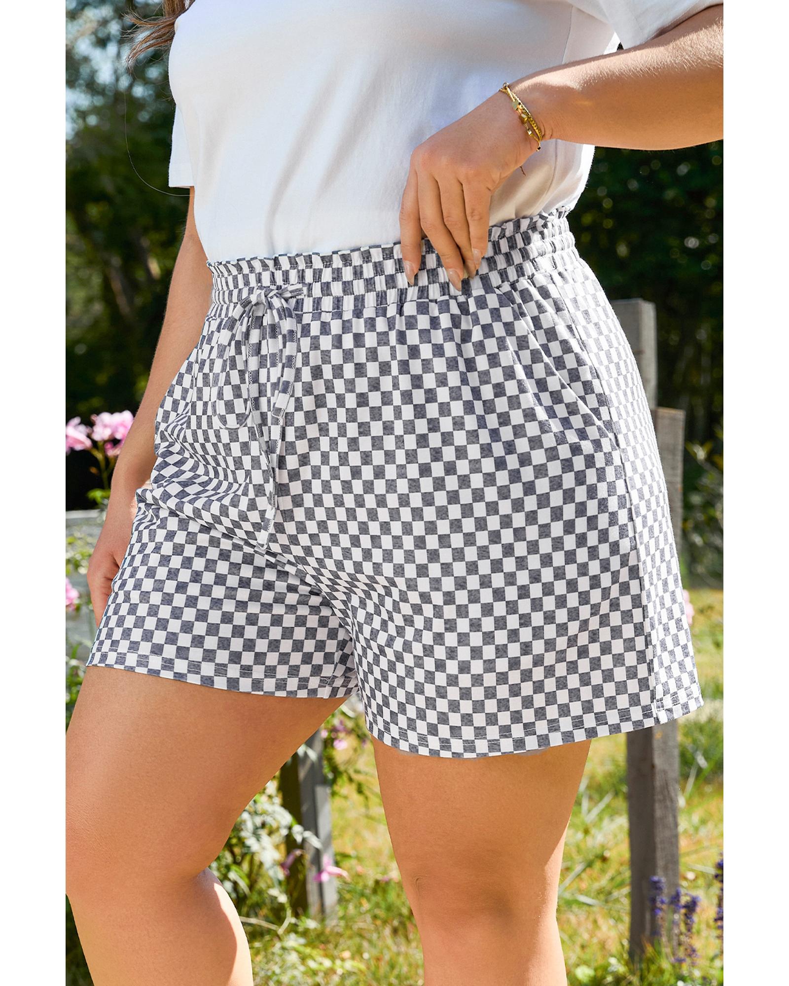 Gray Checkerboard Lace-Up High Waist Plus Size Casual Shorts - 4X 3