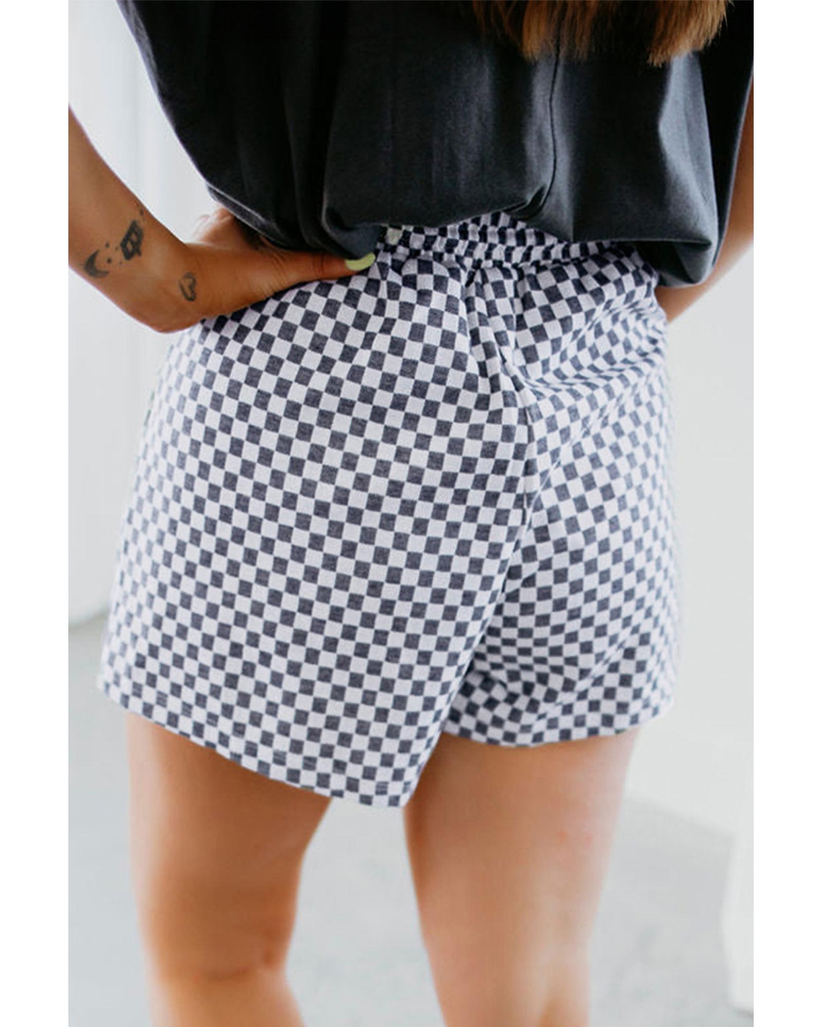 Gray Checkerboard Lace-Up High Waist Plus Size Casual Shorts - 4X 8