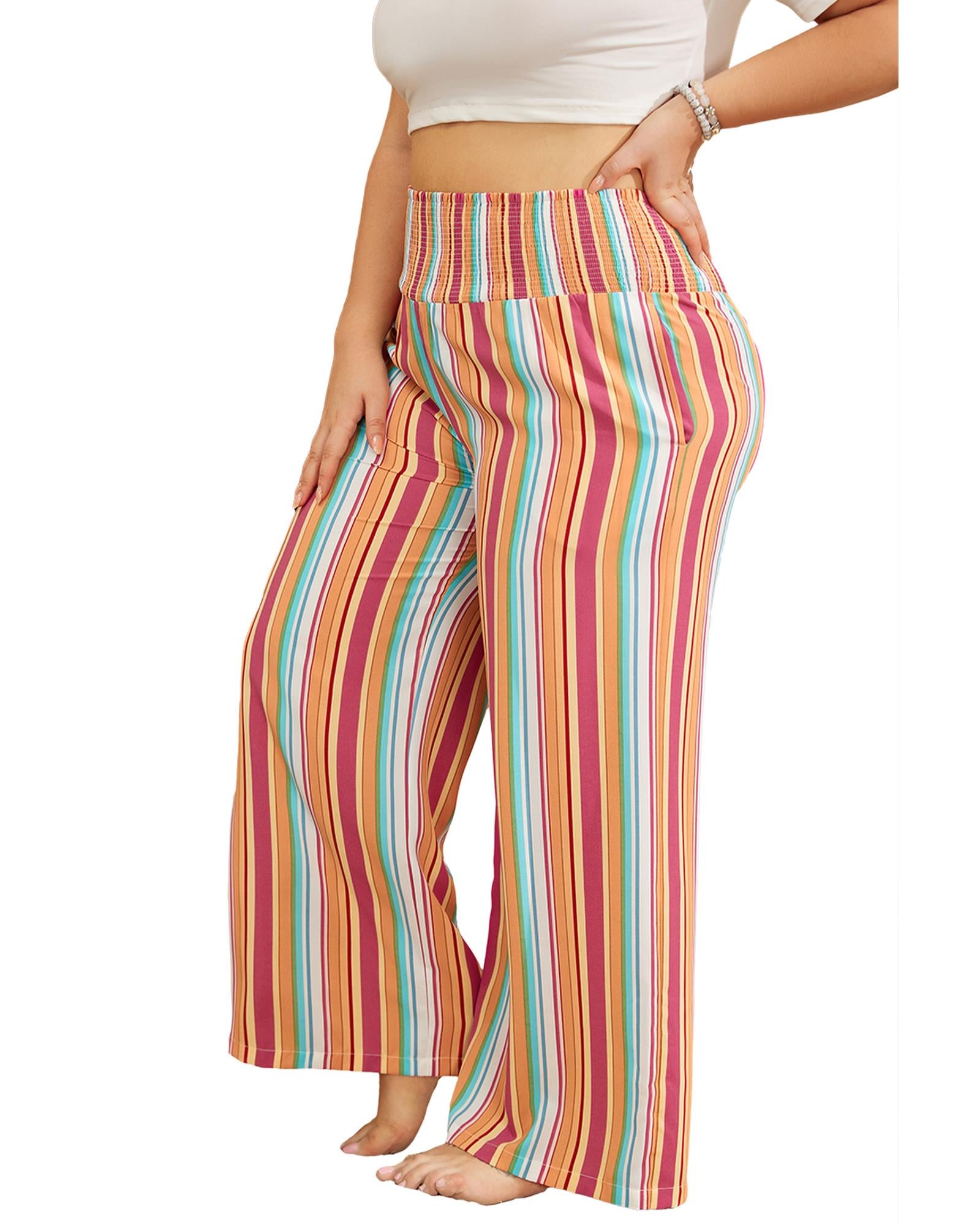 Orange Stripe Plus Size Boho Smocked Waist Loose Pants - 1X 4