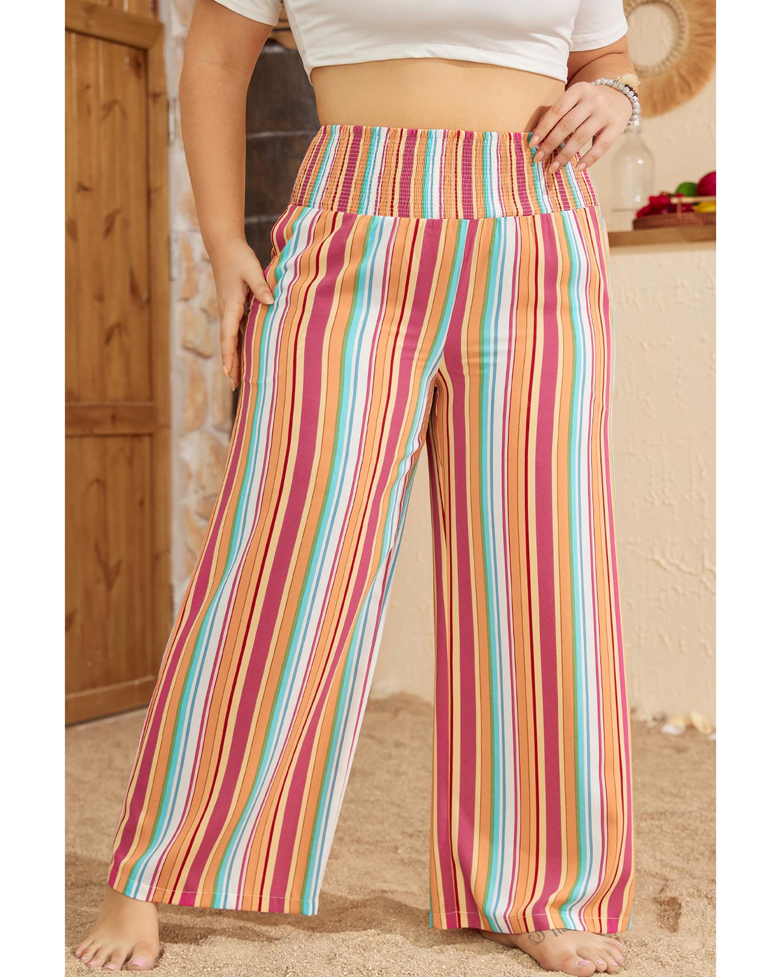Orange Stripe Plus Size Boho Smocked Waist Loose Pants - 1X 6