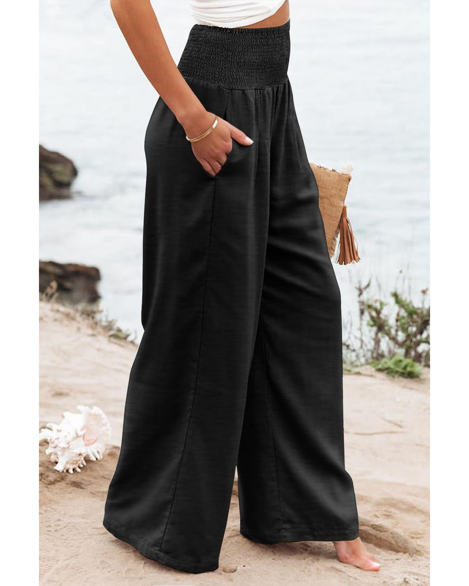 Azura Exchange Black Shirred High Waist Plus Size Wide Leg Pants - 1X 3