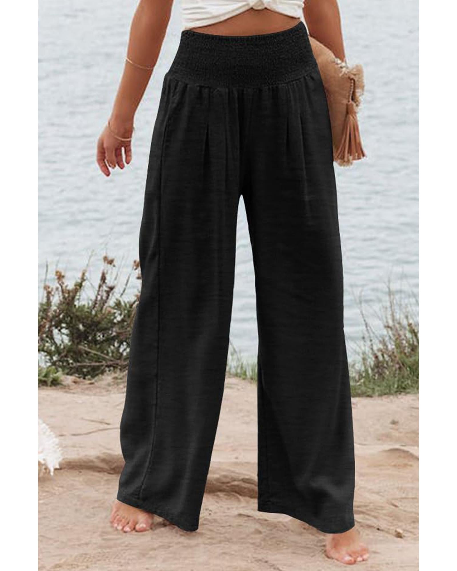 Azura Exchange Black Shirred High Waist Plus Size Wide Leg Pants - 2X