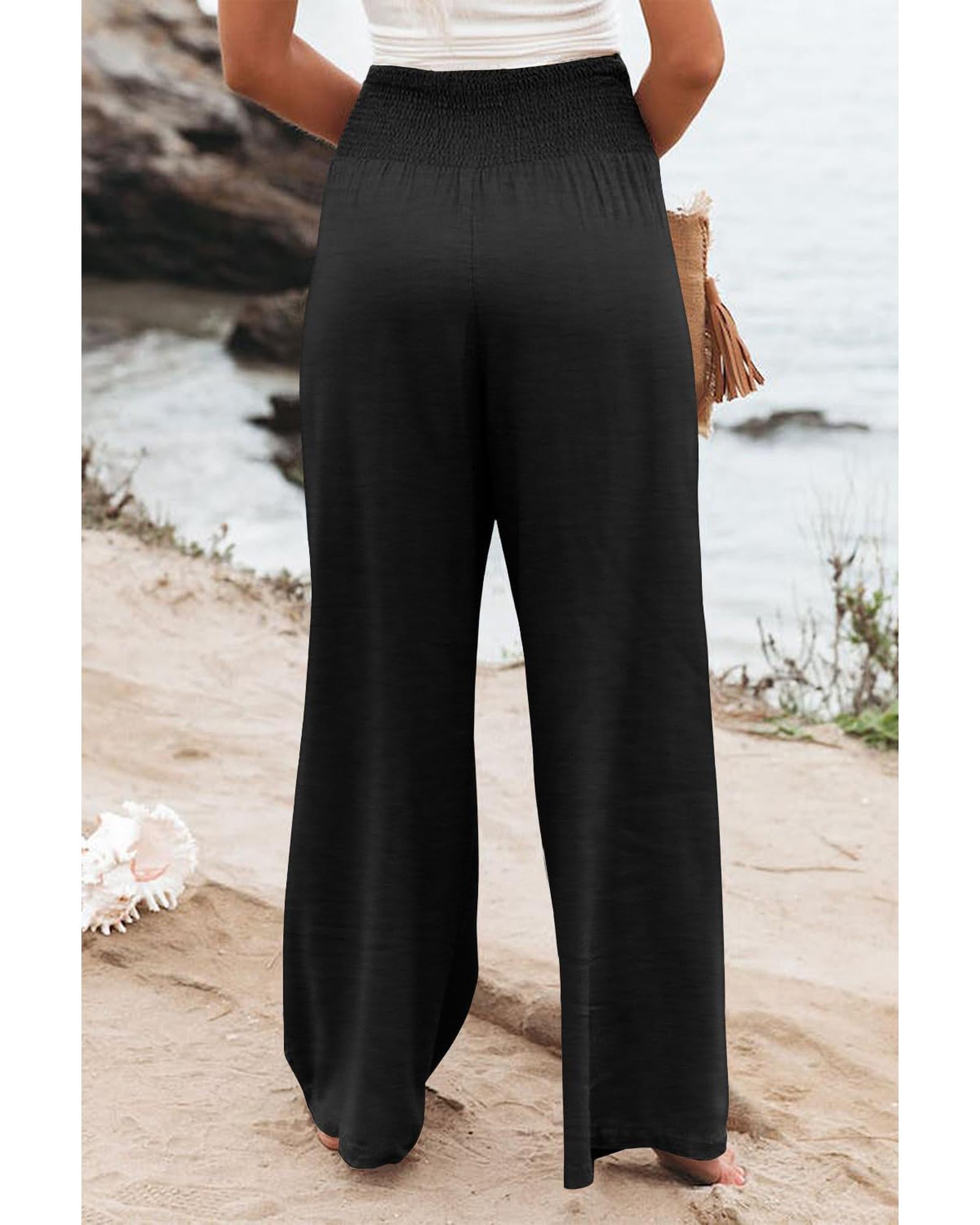 Azura Exchange Black Shirred High Waist Plus Size Wide Leg Pants - 2X 4