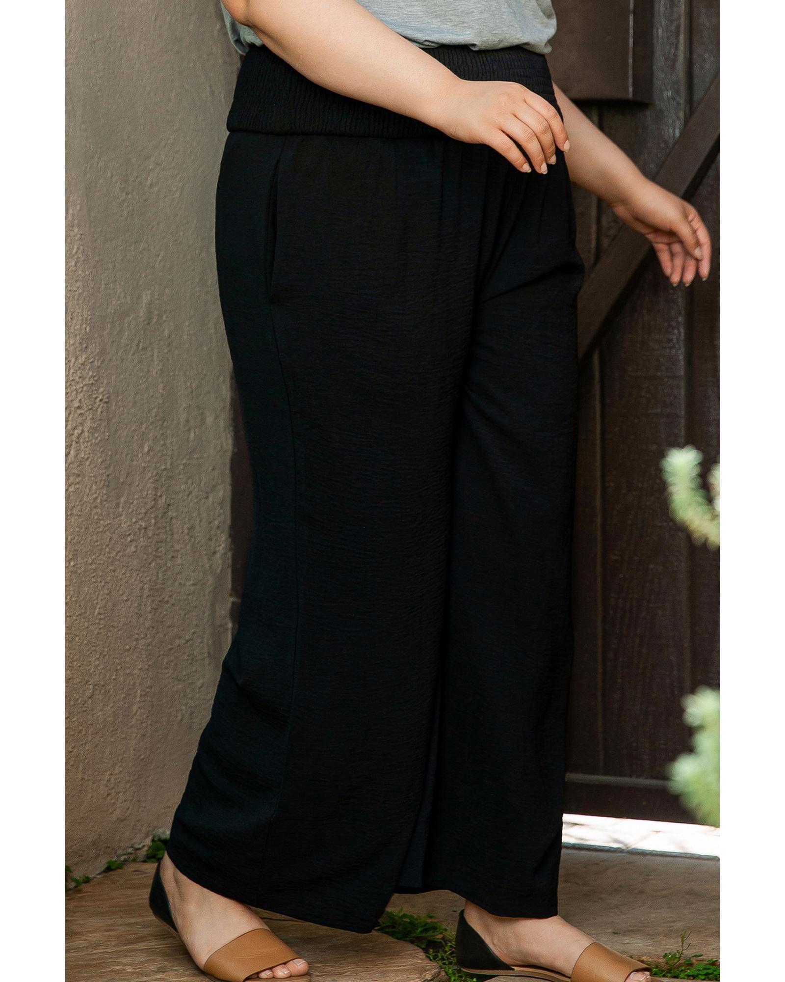 Azura Exchange Black Shirred High Waist Plus Size Wide Leg Pants - 2X 8